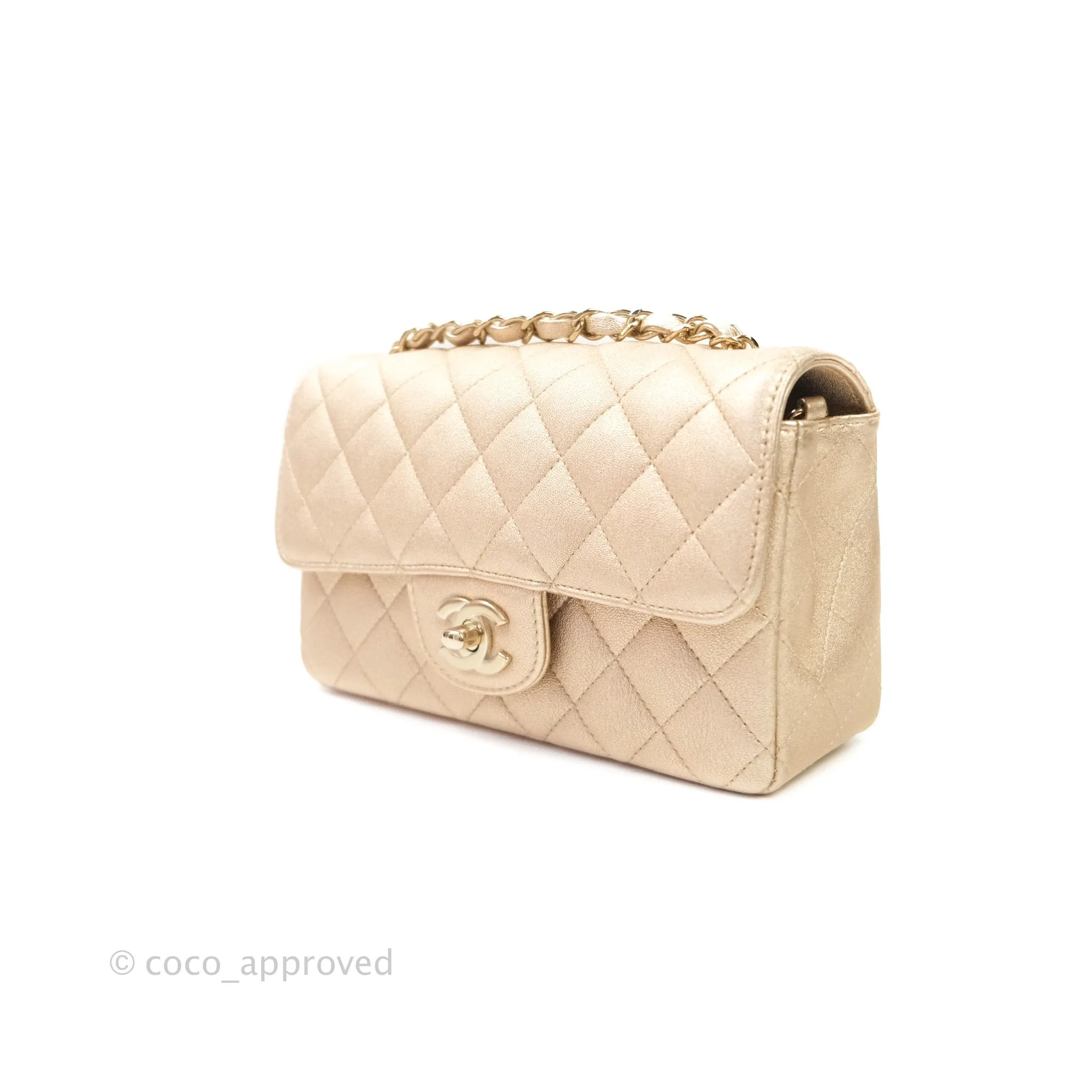 Chanel Quilted Mini Rectangular Metallic Champagne Gold Lambskin Gold Hardware