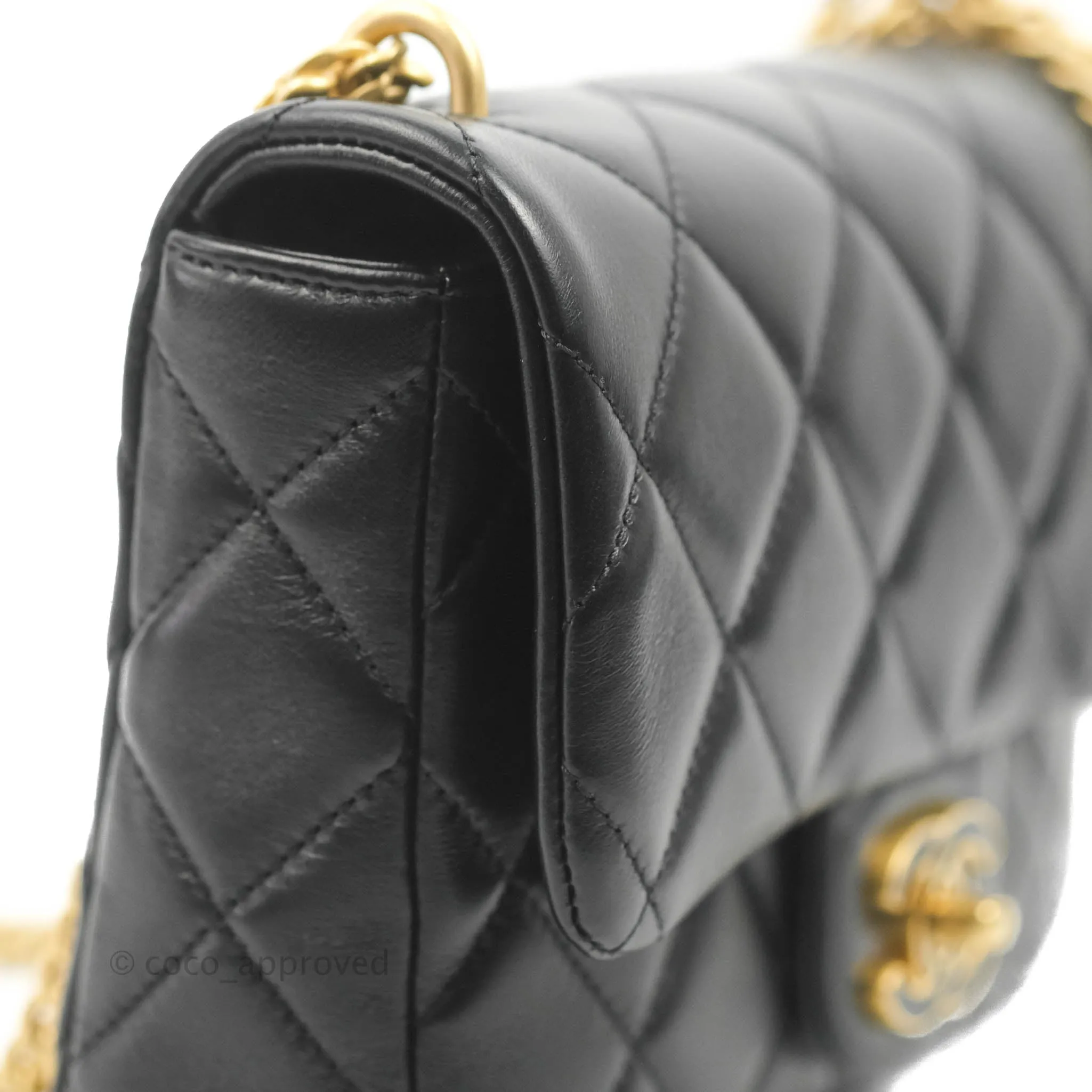 Chanel Quilted Pending CC Enamel Mini Square Flap Black Lambskin Aged Gold Hardware 22P