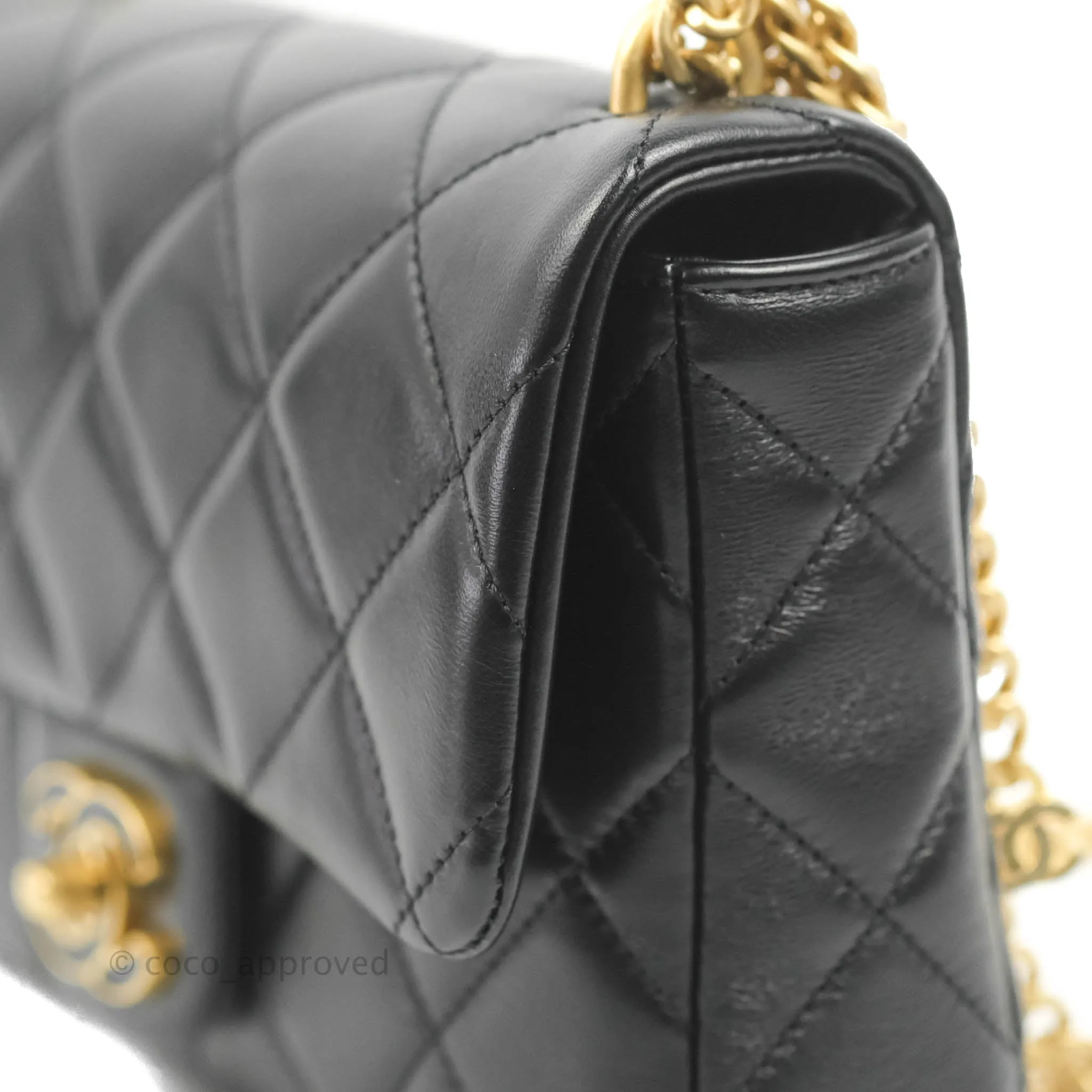 Chanel Quilted Pending CC Enamel Mini Square Flap Black Lambskin Aged Gold Hardware 22P