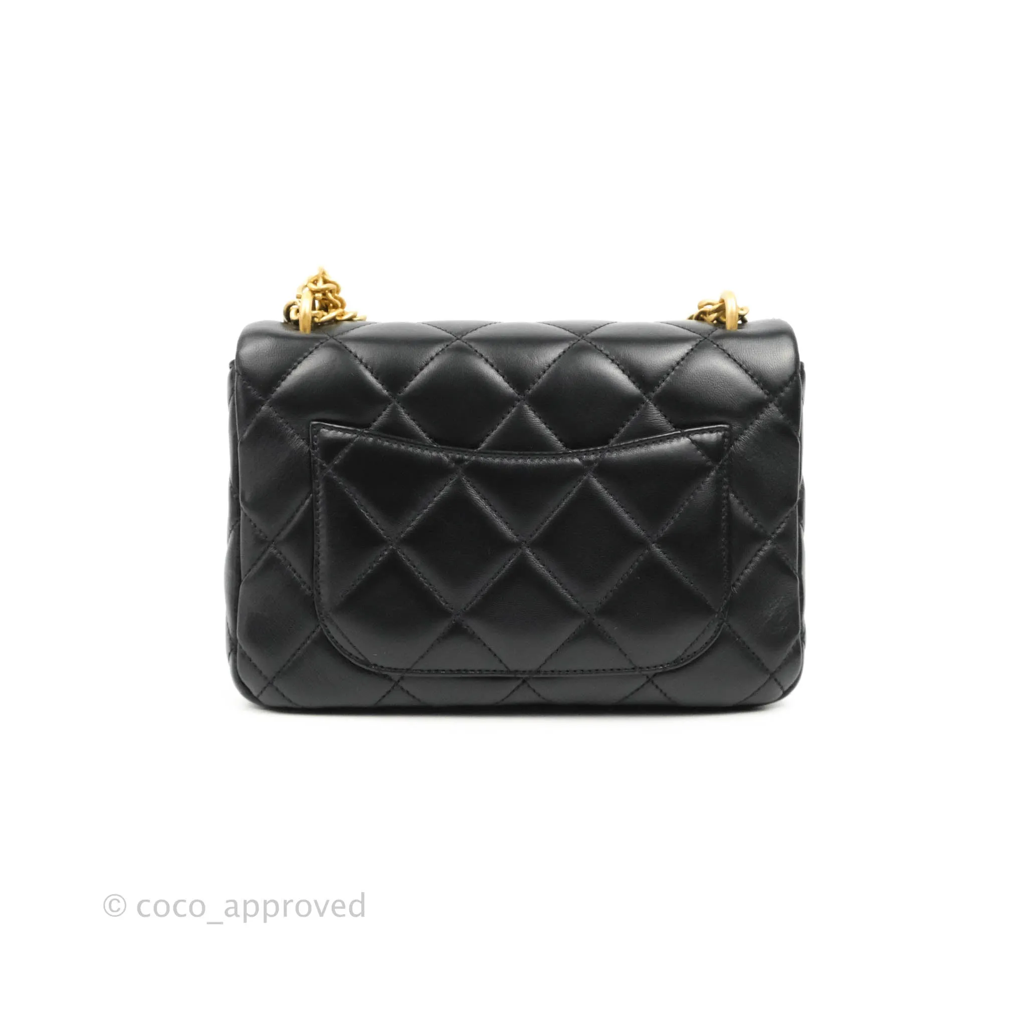 Chanel Quilted Pending CC Enamel Mini Square Flap Black Lambskin Aged Gold Hardware 22P