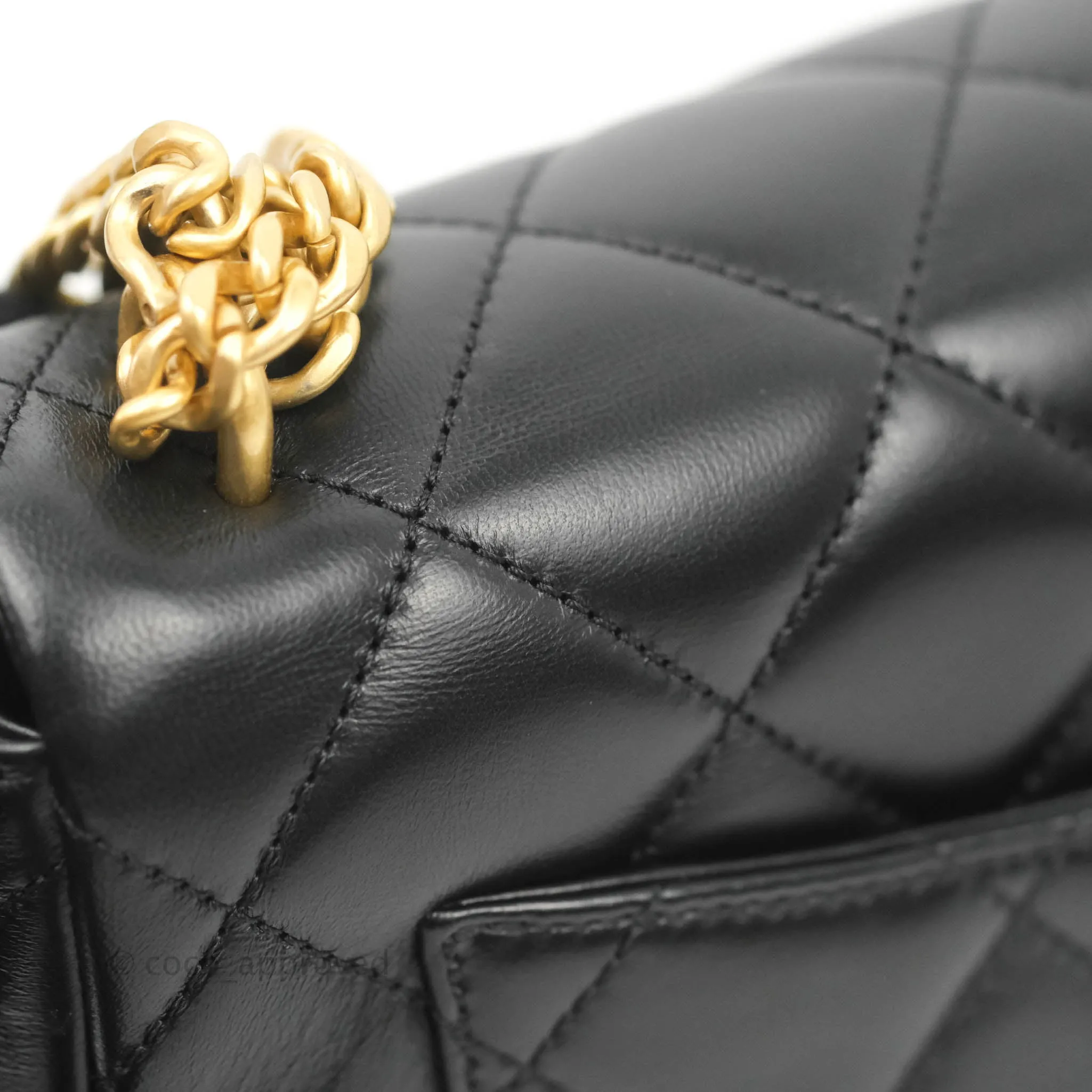 Chanel Quilted Pending CC Enamel Mini Square Flap Black Lambskin Aged Gold Hardware 22P