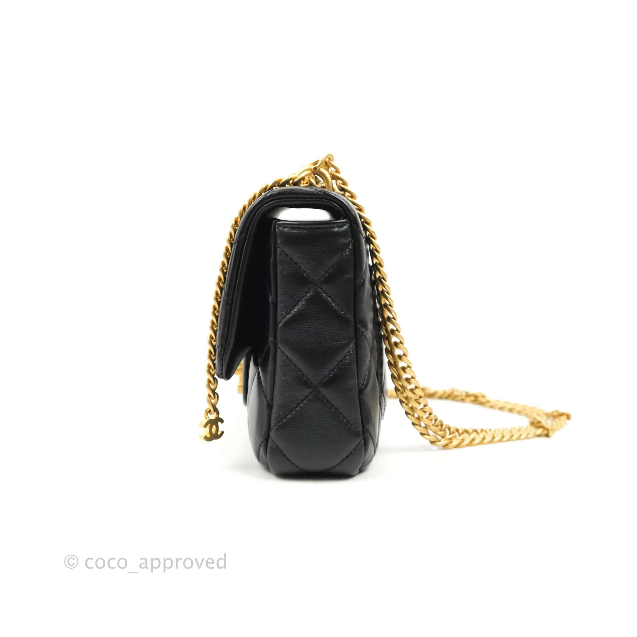 Chanel Quilted Pending CC Enamel Mini Square Flap Black Lambskin Aged Gold Hardware 22P