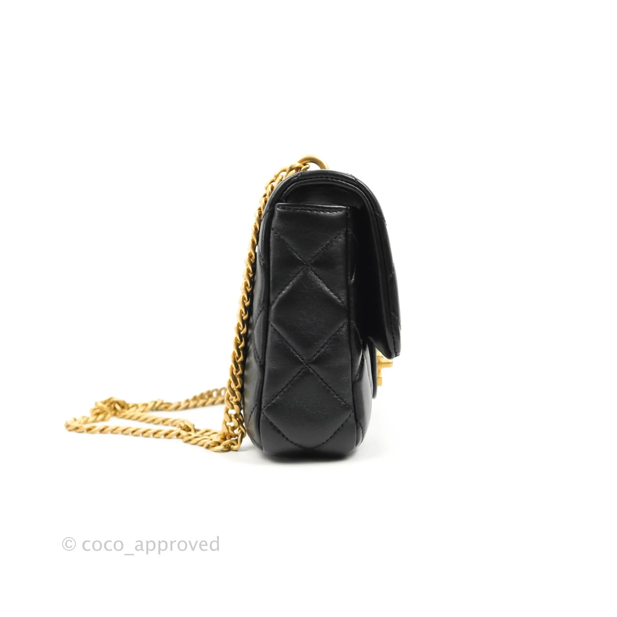 Chanel Quilted Pending CC Enamel Mini Square Flap Black Lambskin Aged Gold Hardware 22P