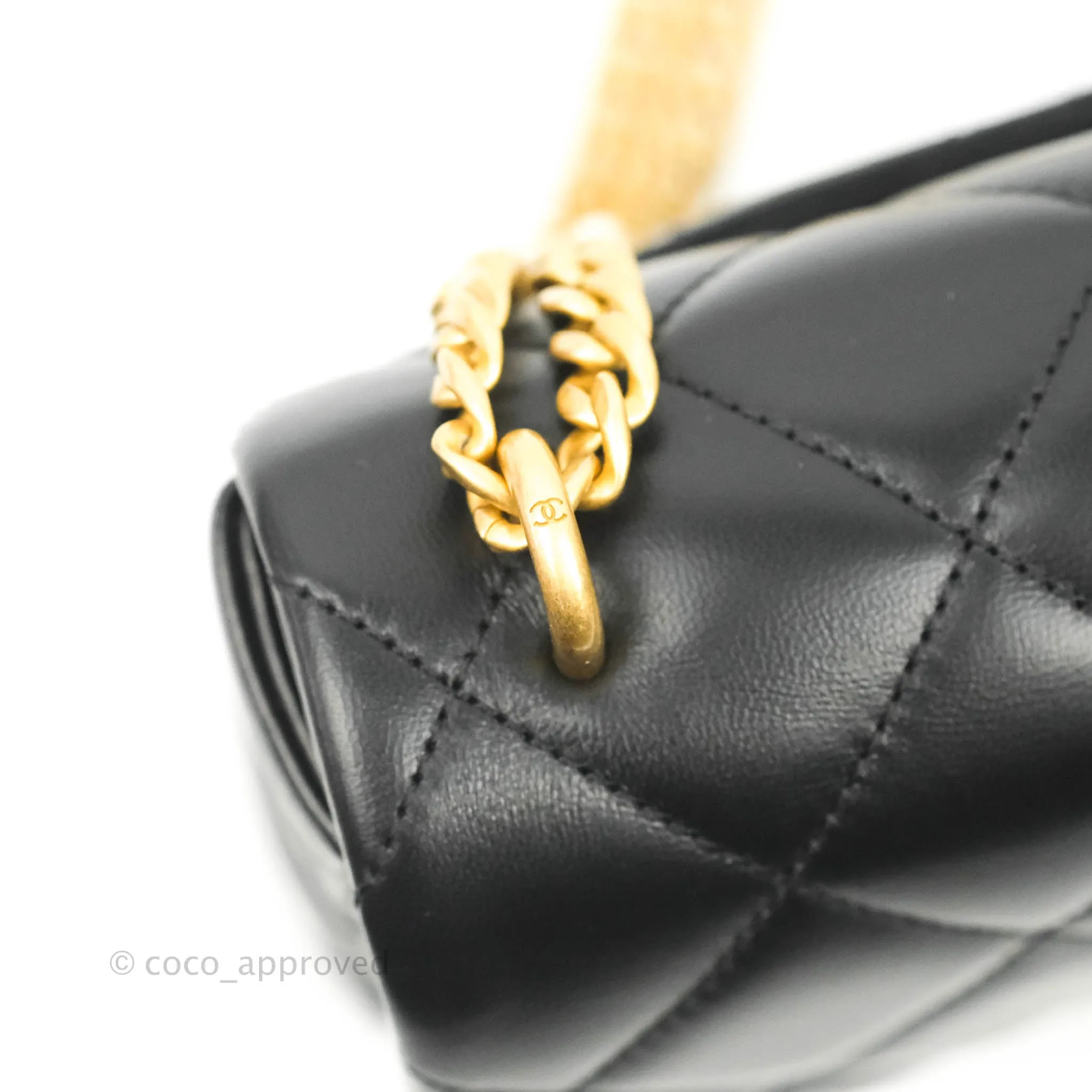 Chanel Quilted Pending CC Enamel Mini Square Flap Black Lambskin Aged Gold Hardware 22P