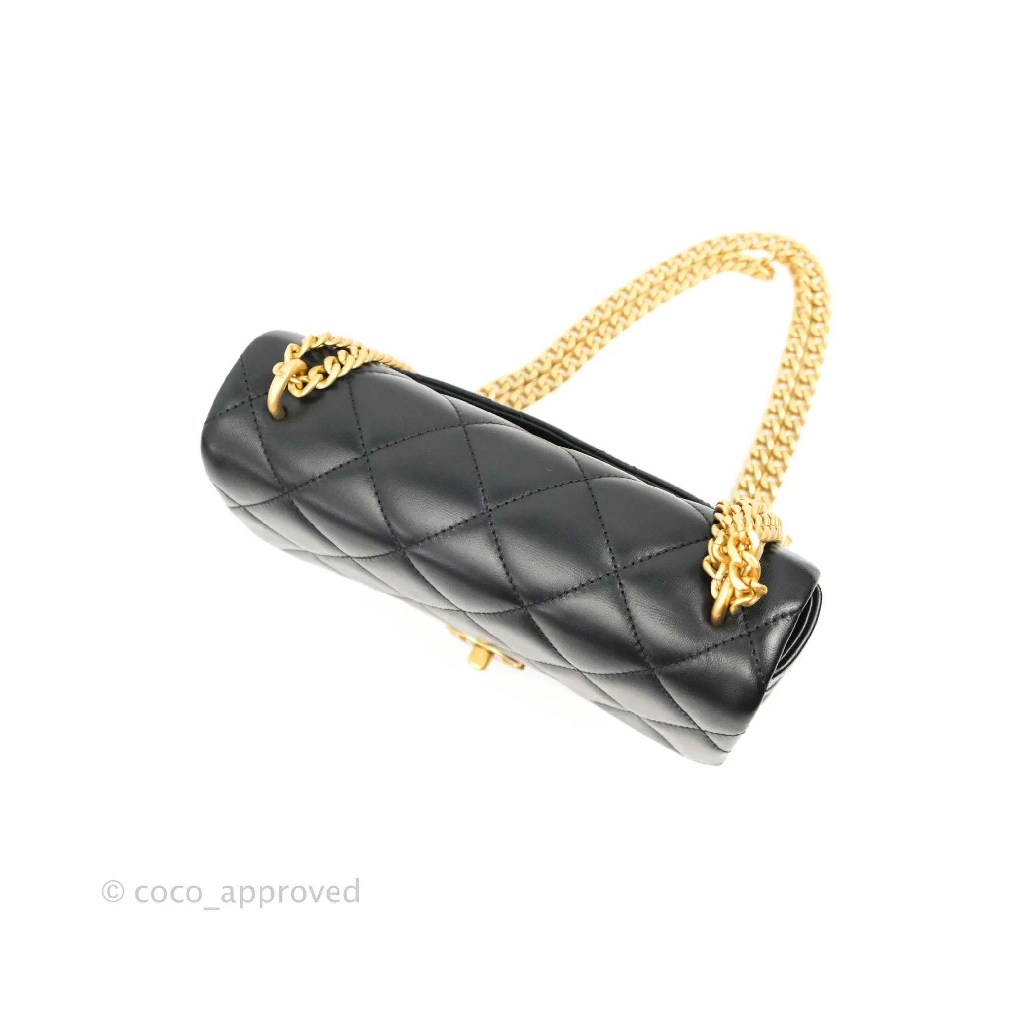 Chanel Quilted Pending CC Enamel Mini Square Flap Black Lambskin Aged Gold Hardware 22P