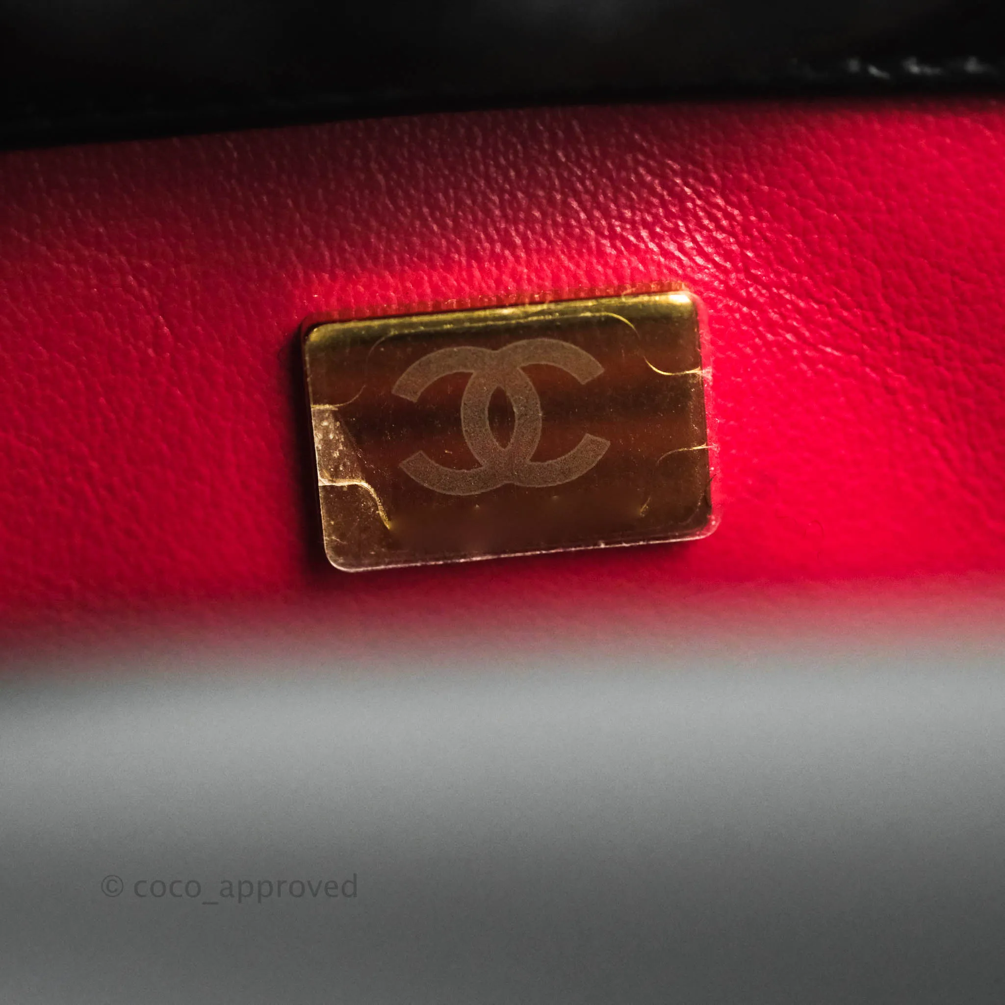Chanel Quilted Pending CC Enamel Mini Square Flap Black Lambskin Aged Gold Hardware 22P