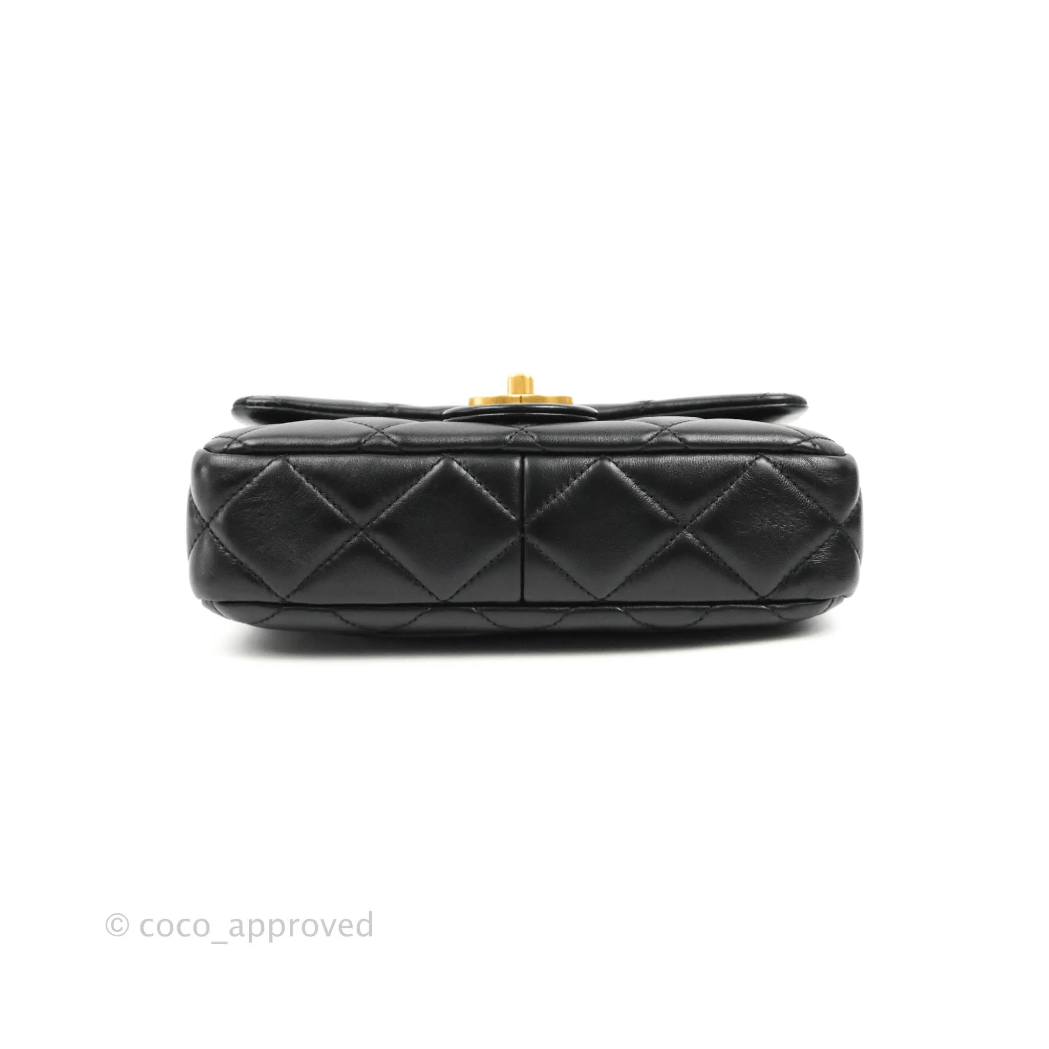 Chanel Quilted Pending CC Enamel Mini Square Flap Black Lambskin Aged Gold Hardware 22P