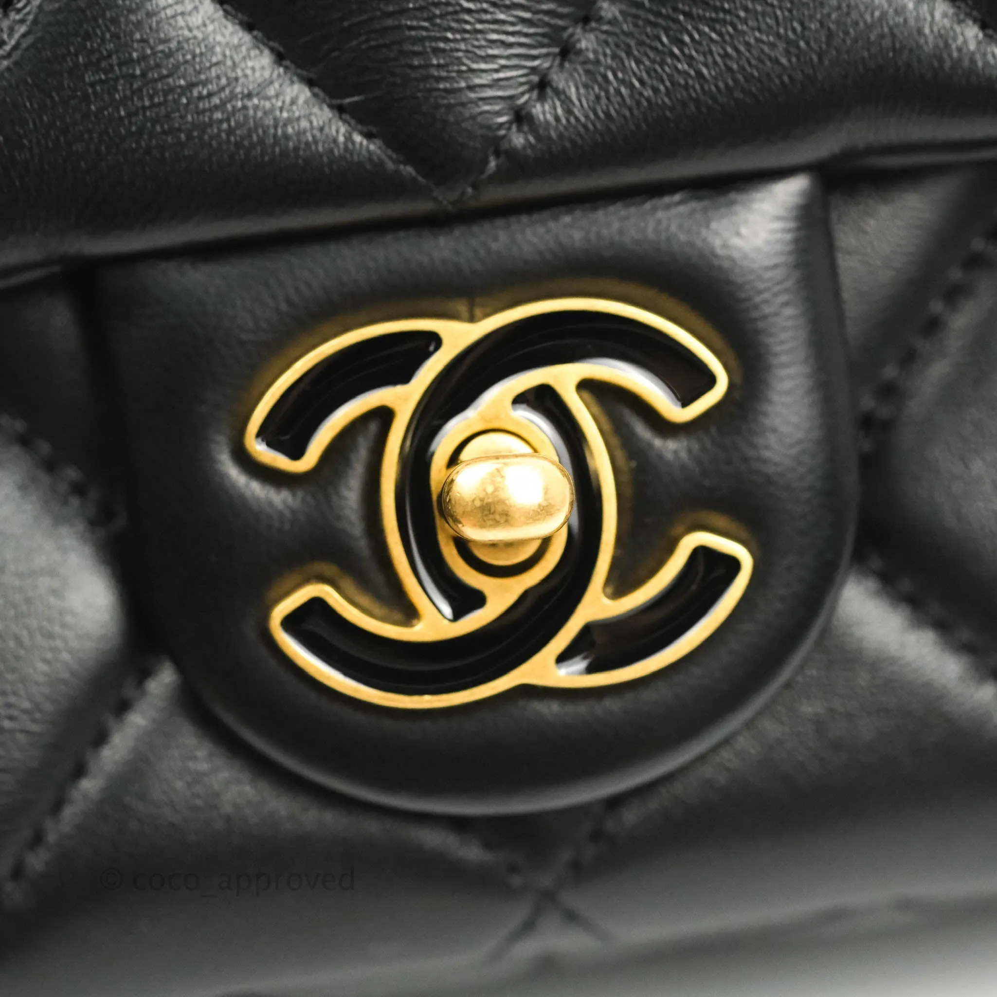 Chanel Quilted Pending CC Enamel Mini Square Flap Black Lambskin Aged Gold Hardware 22P