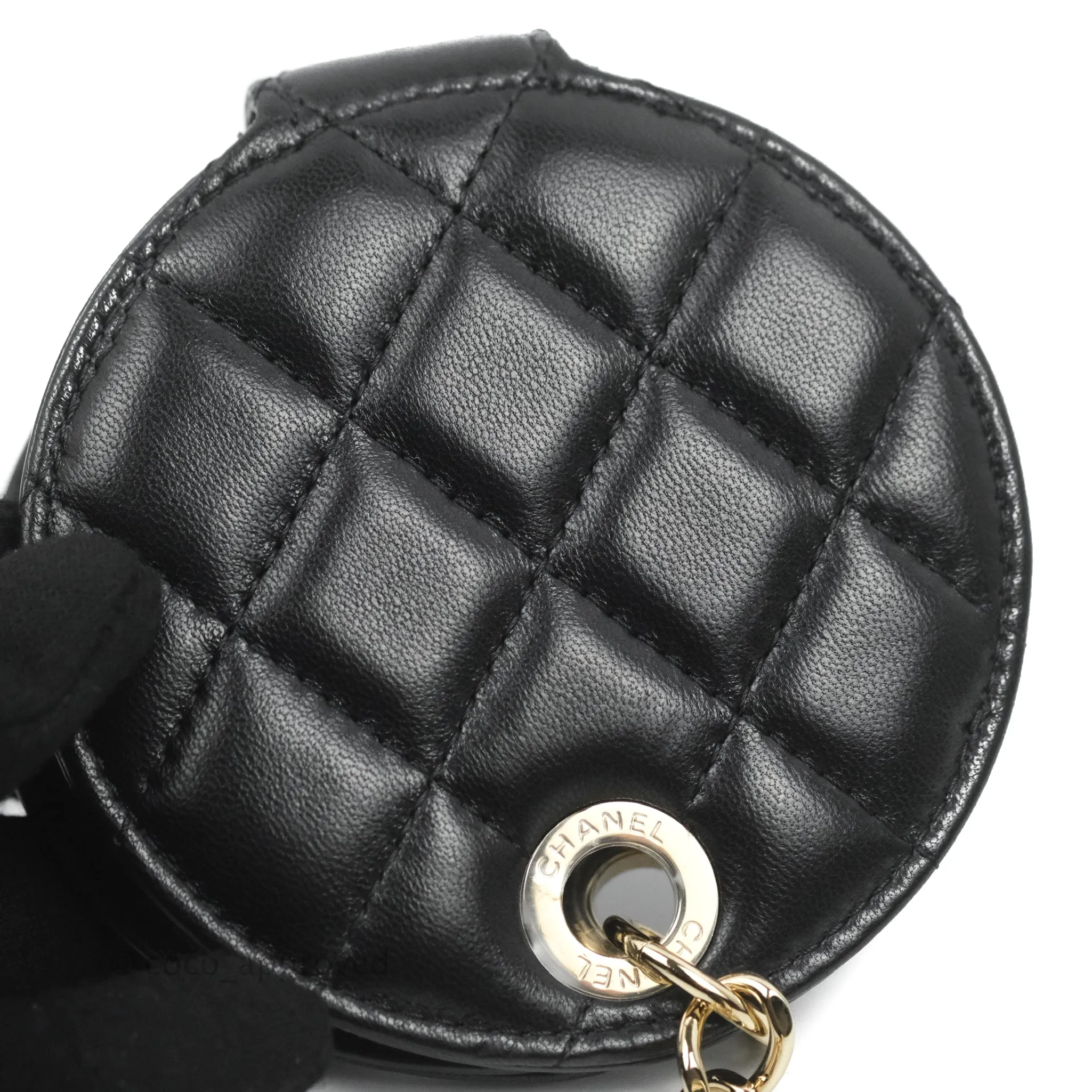 Chanel Quilted Round Luggage Tag Black Lambskin Gold Hardware
