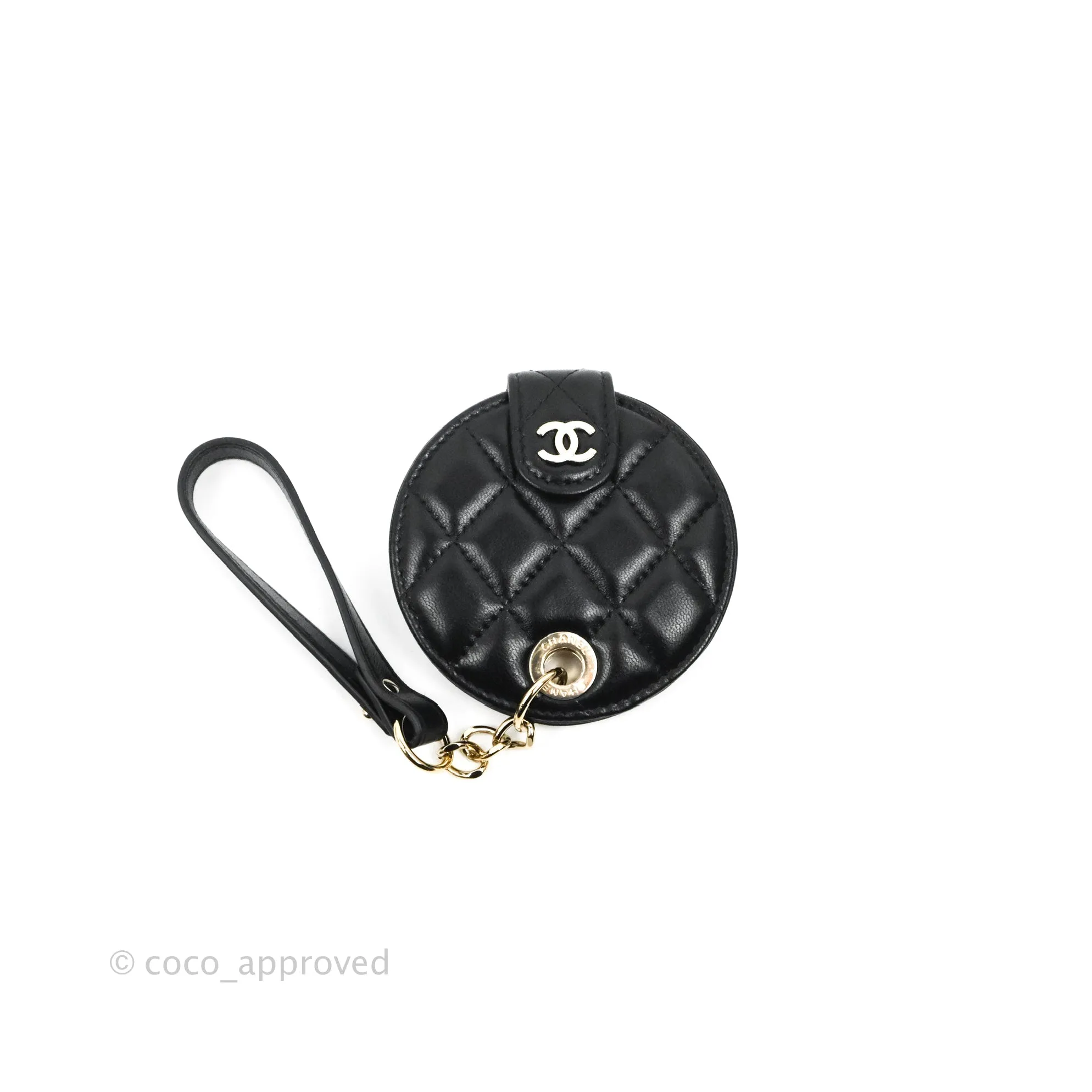Chanel Quilted Round Luggage Tag Black Lambskin Gold Hardware