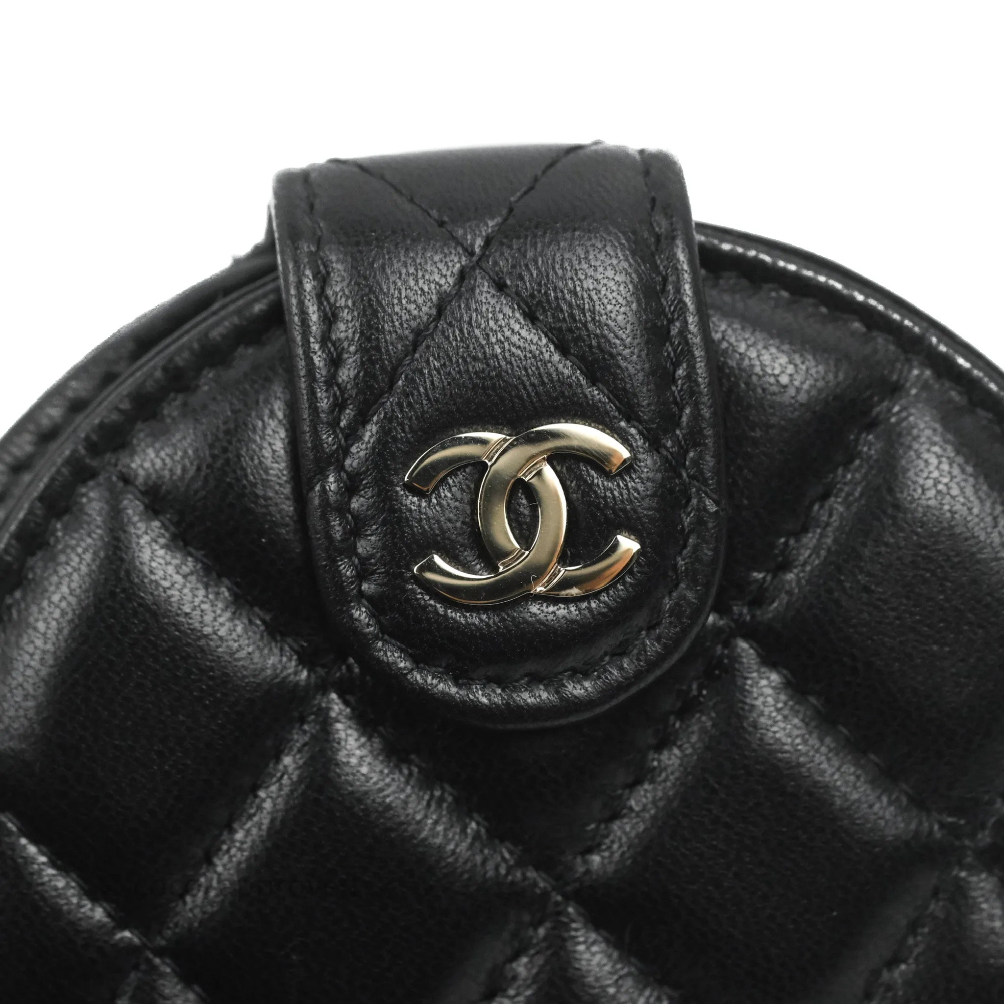 Chanel Quilted Round Luggage Tag Black Lambskin Gold Hardware