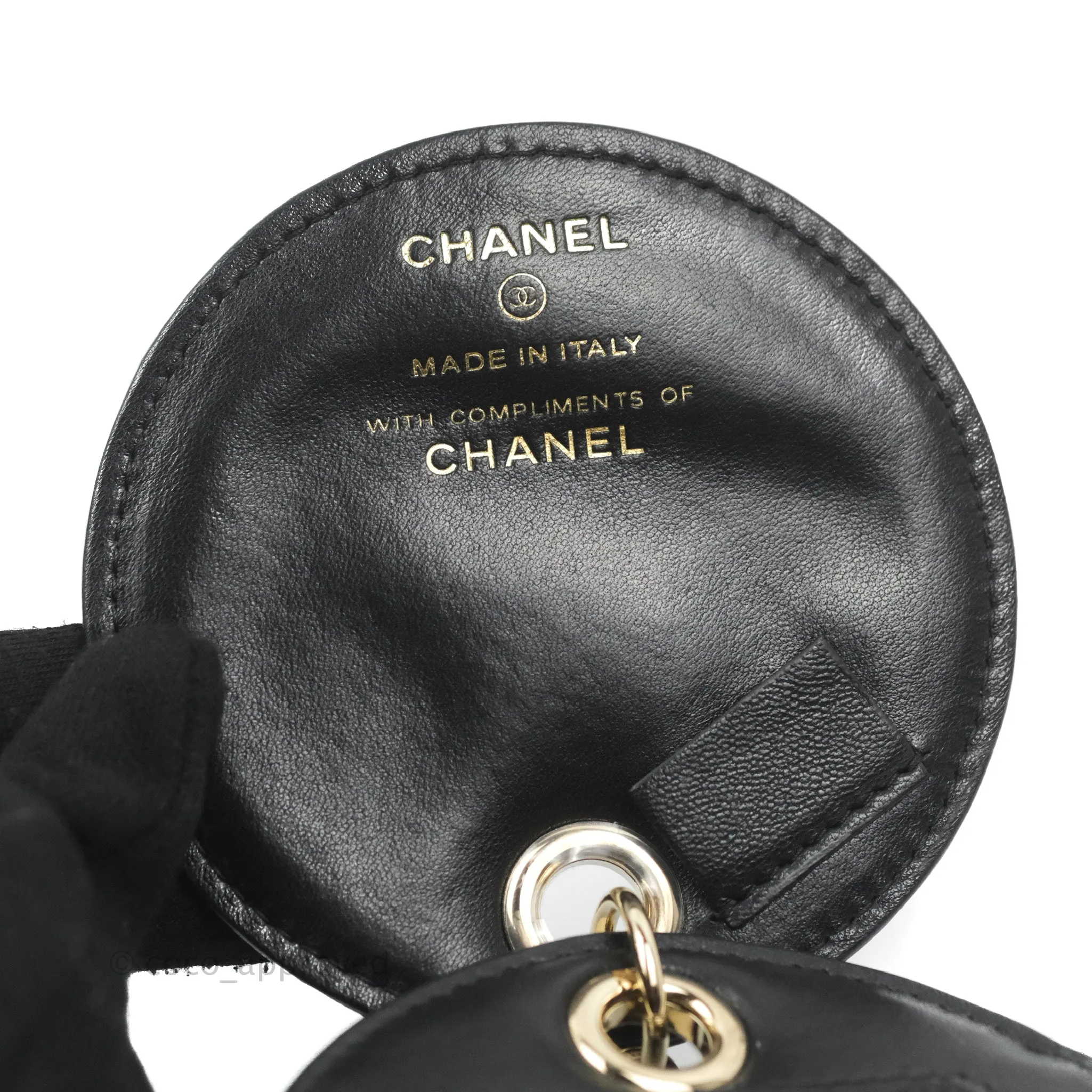 Chanel Quilted Round Luggage Tag Black Lambskin Gold Hardware