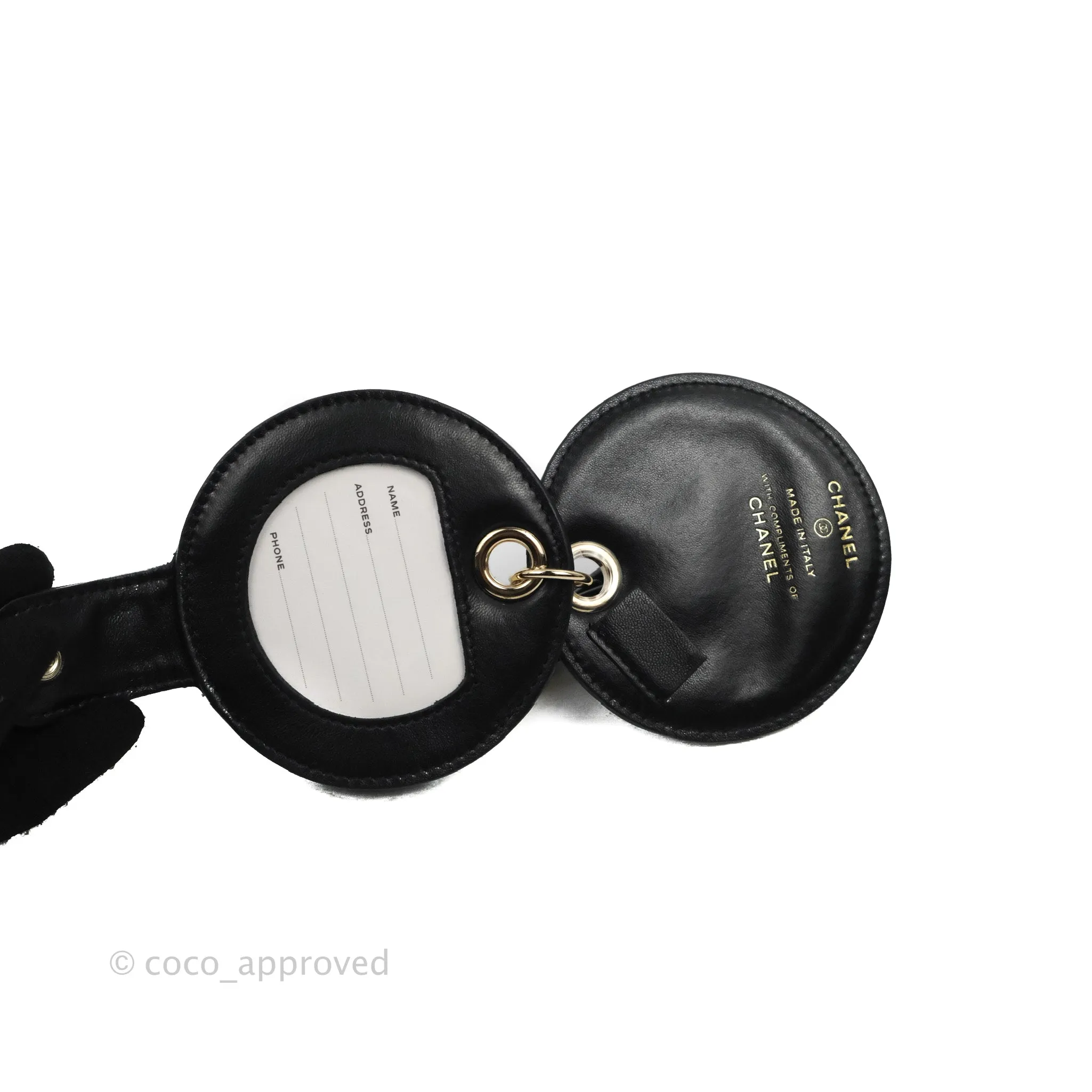 Chanel Quilted Round Luggage Tag Black Lambskin Gold Hardware