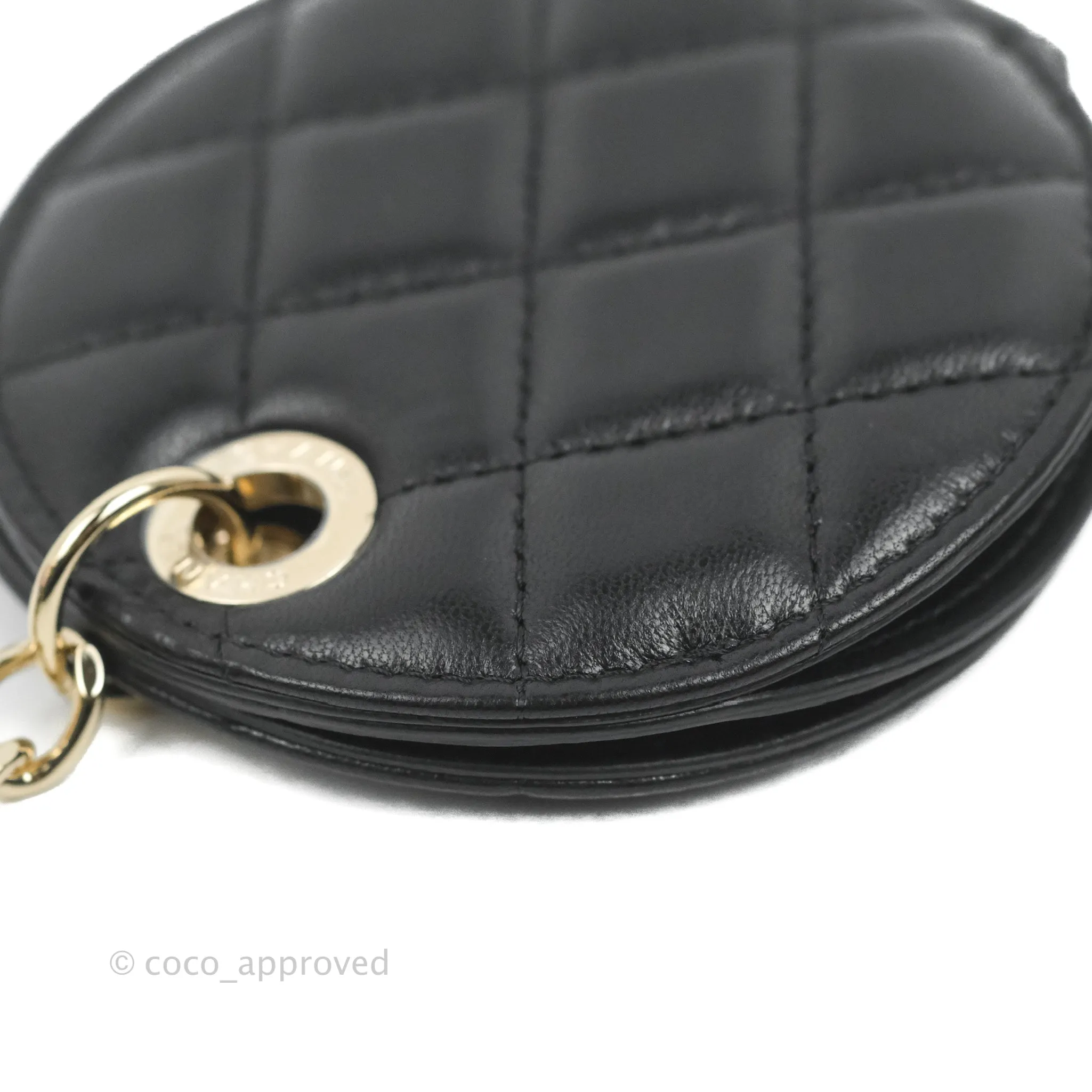 Chanel Quilted Round Luggage Tag Black Lambskin Gold Hardware
