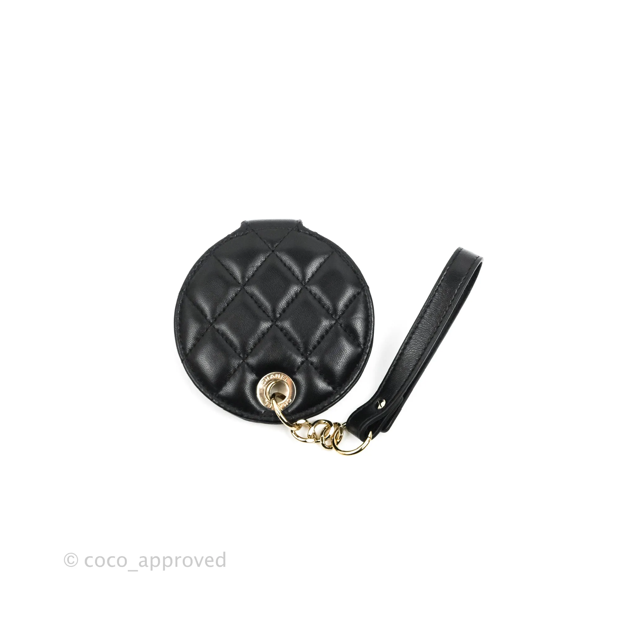 Chanel Quilted Round Luggage Tag Black Lambskin Gold Hardware