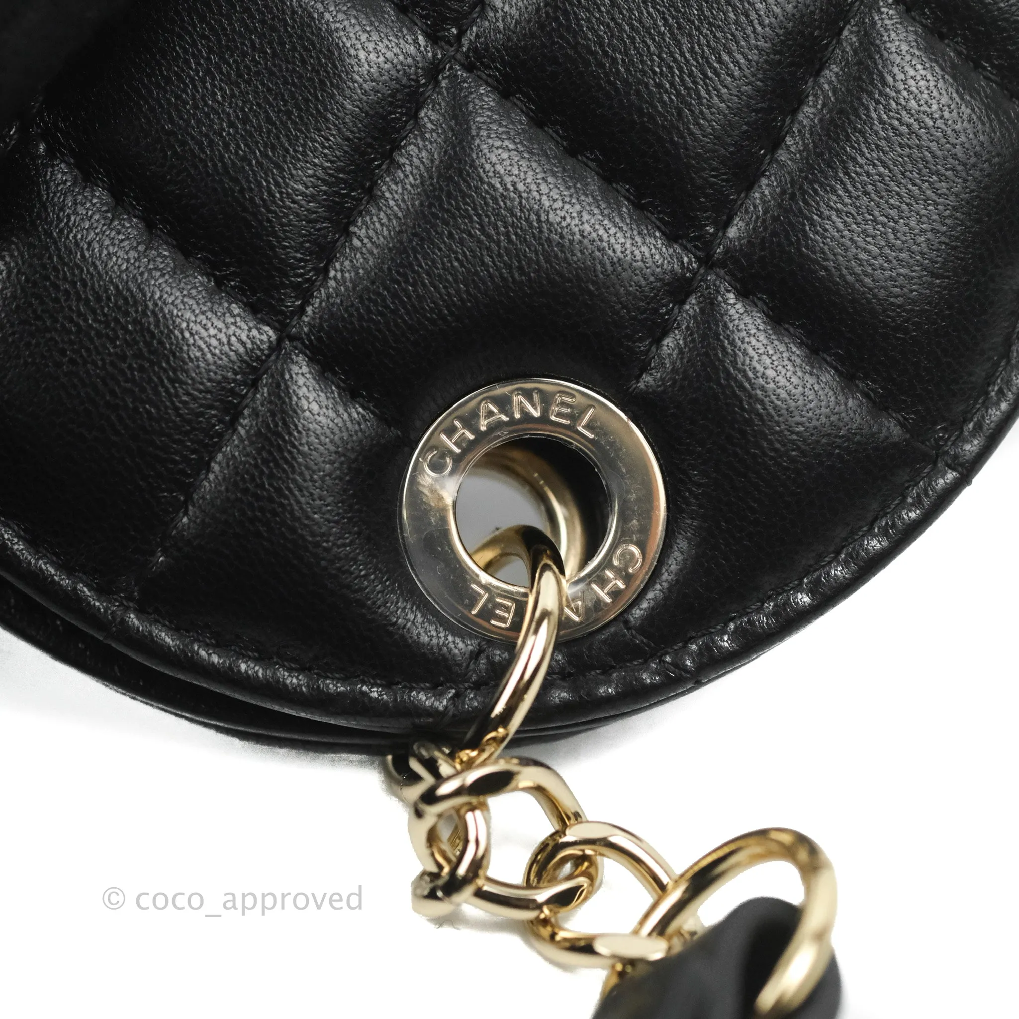 Chanel Quilted Round Luggage Tag Black Lambskin Gold Hardware
