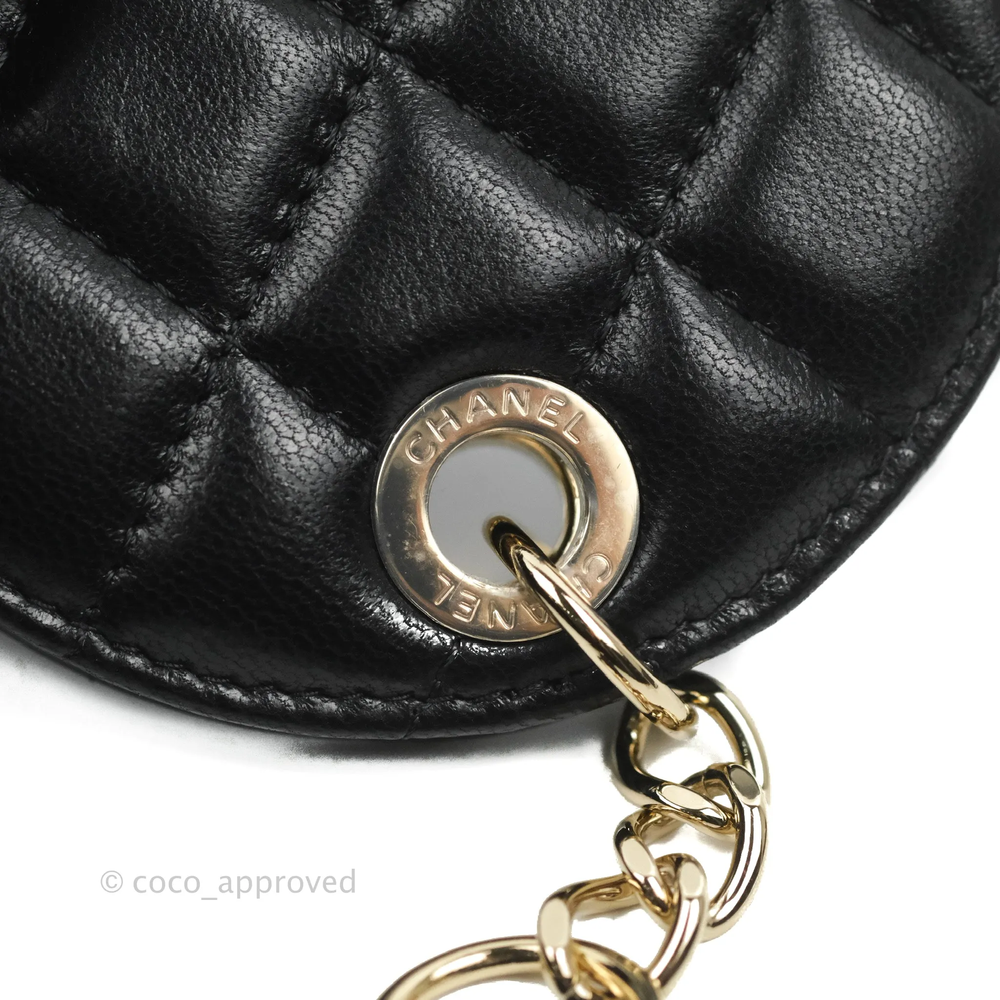 Chanel Quilted Round Luggage Tag Black Lambskin Gold Hardware