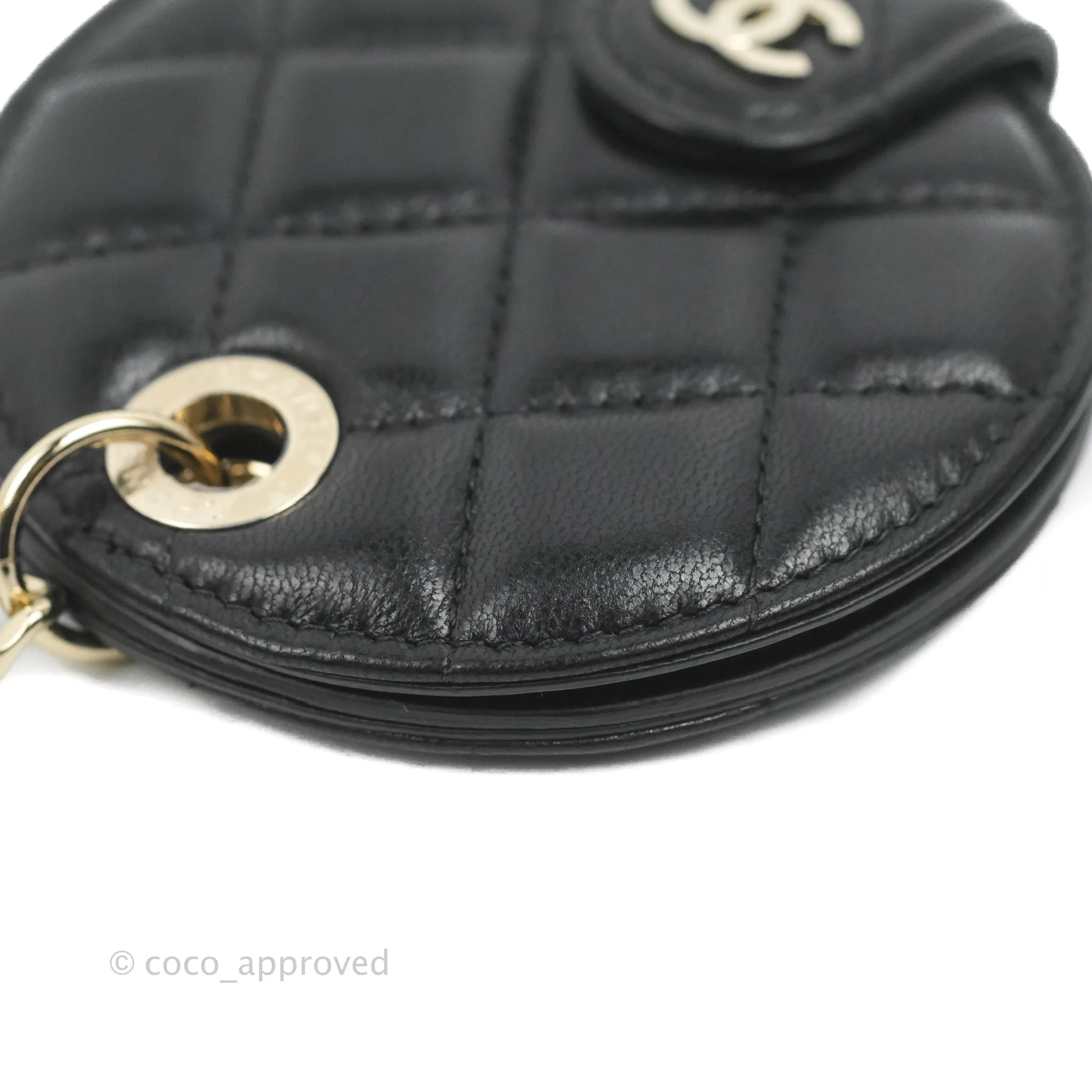 Chanel Quilted Round Luggage Tag Black Lambskin Gold Hardware
