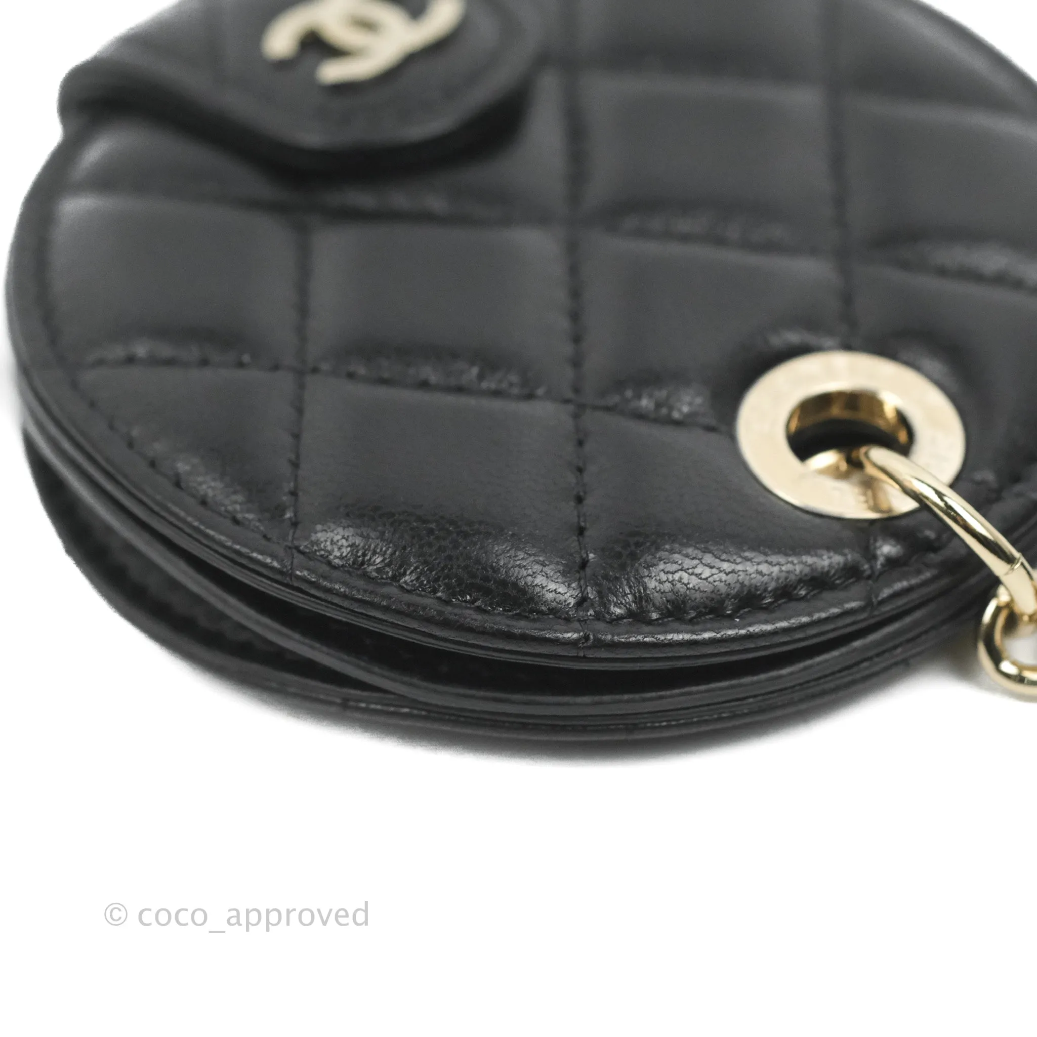 Chanel Quilted Round Luggage Tag Black Lambskin Gold Hardware