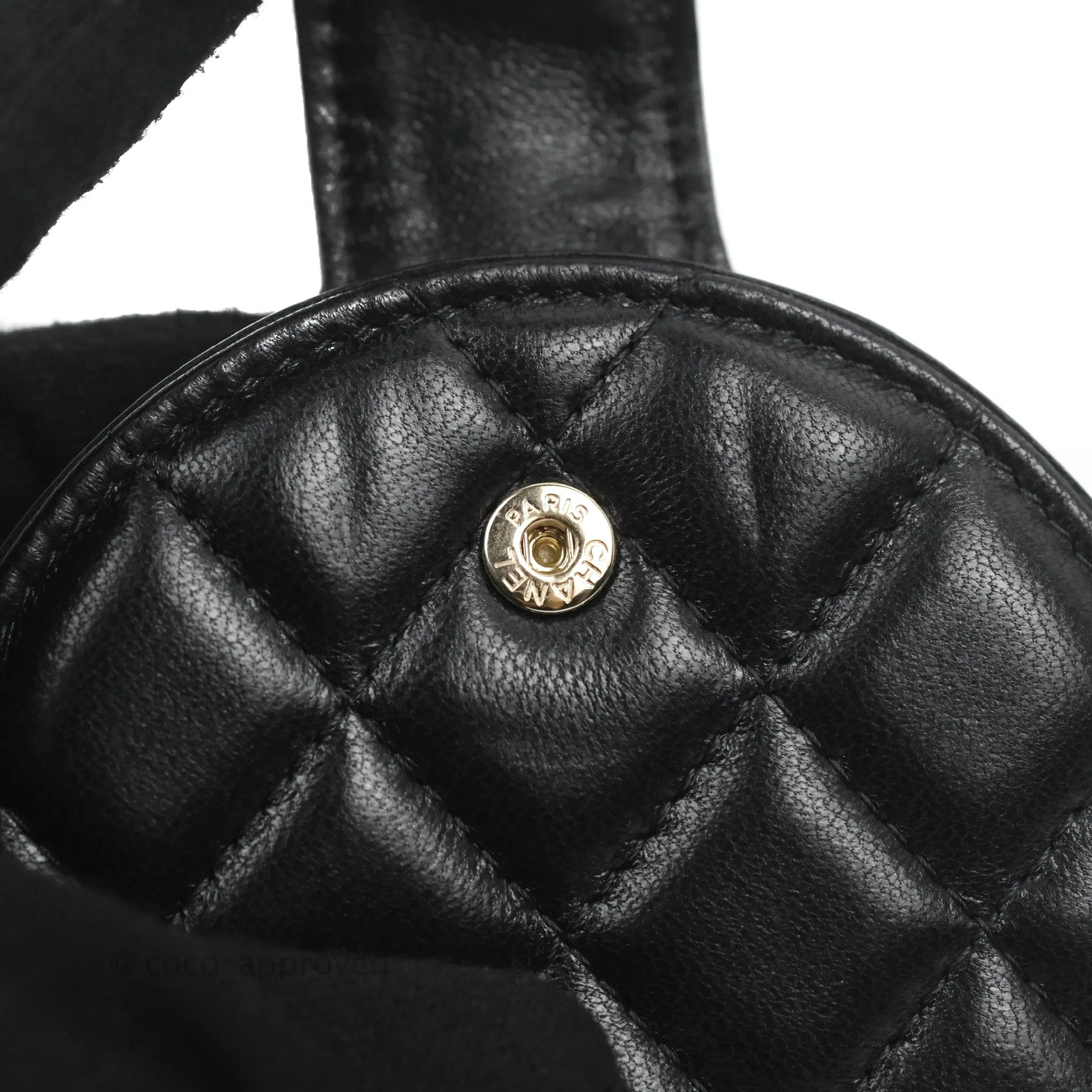 Chanel Quilted Round Luggage Tag Black Lambskin Gold Hardware