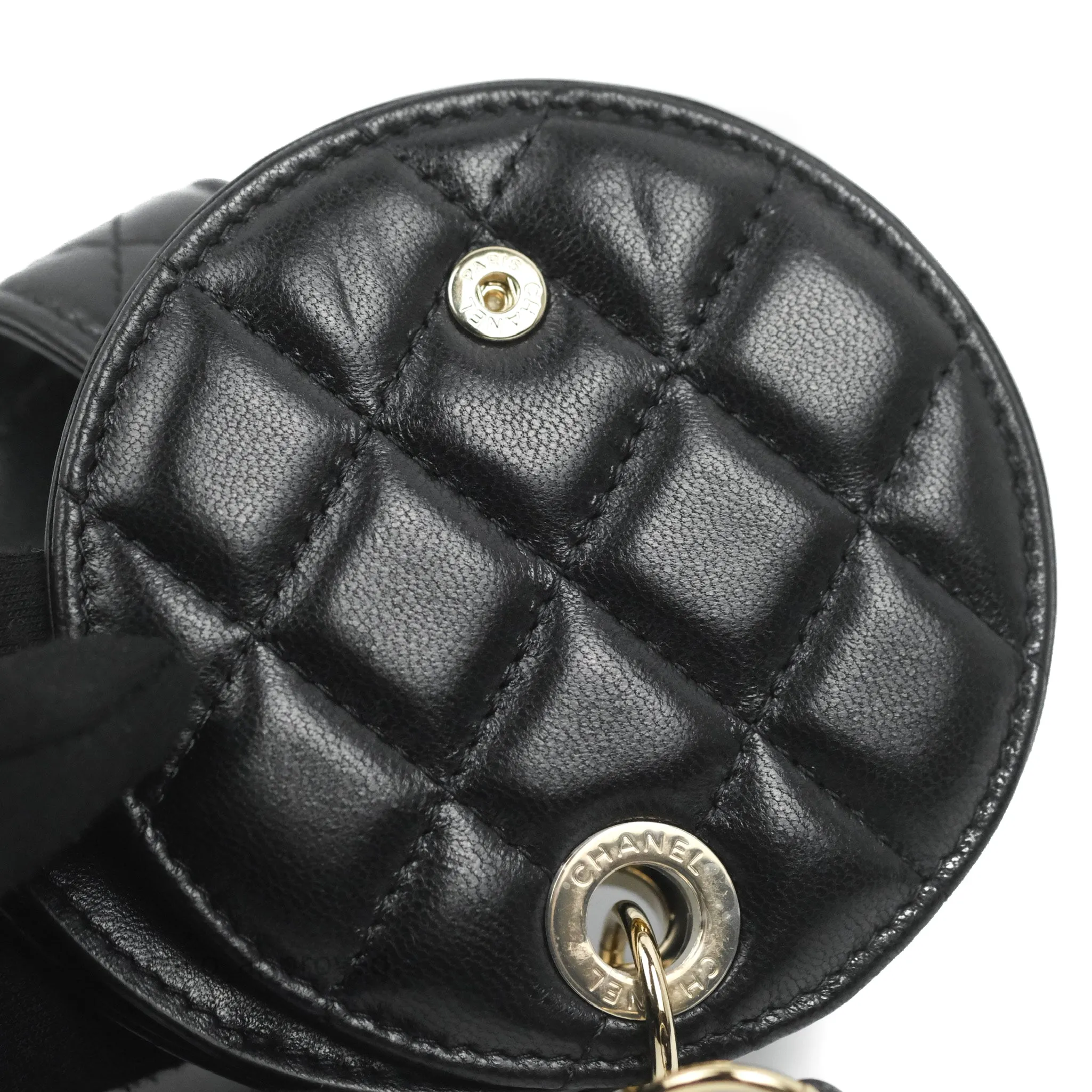 Chanel Quilted Round Luggage Tag Black Lambskin Gold Hardware