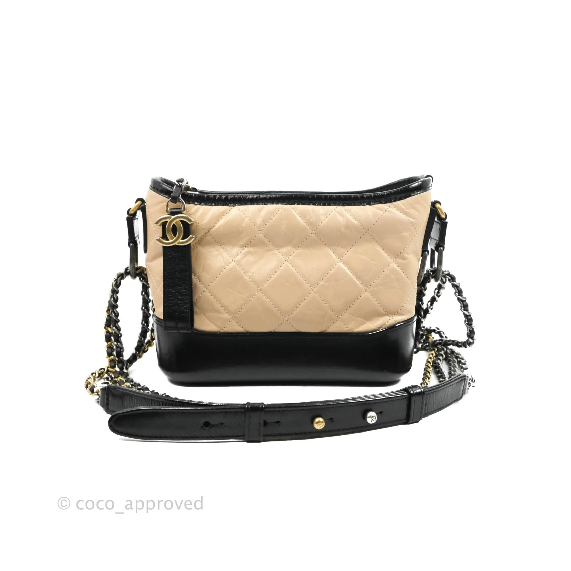 Chanel Quilted Small Gabrielle Hobo Black Beige Aged Calfskin