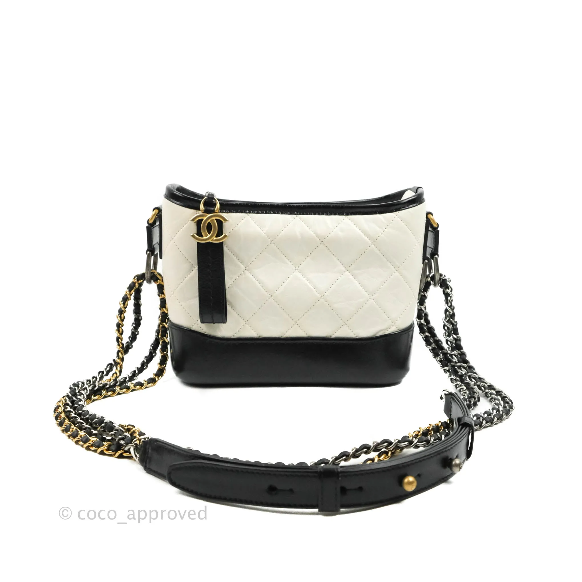 Chanel Quilted Small Gabrielle Hobo Black White Aged Calfskin