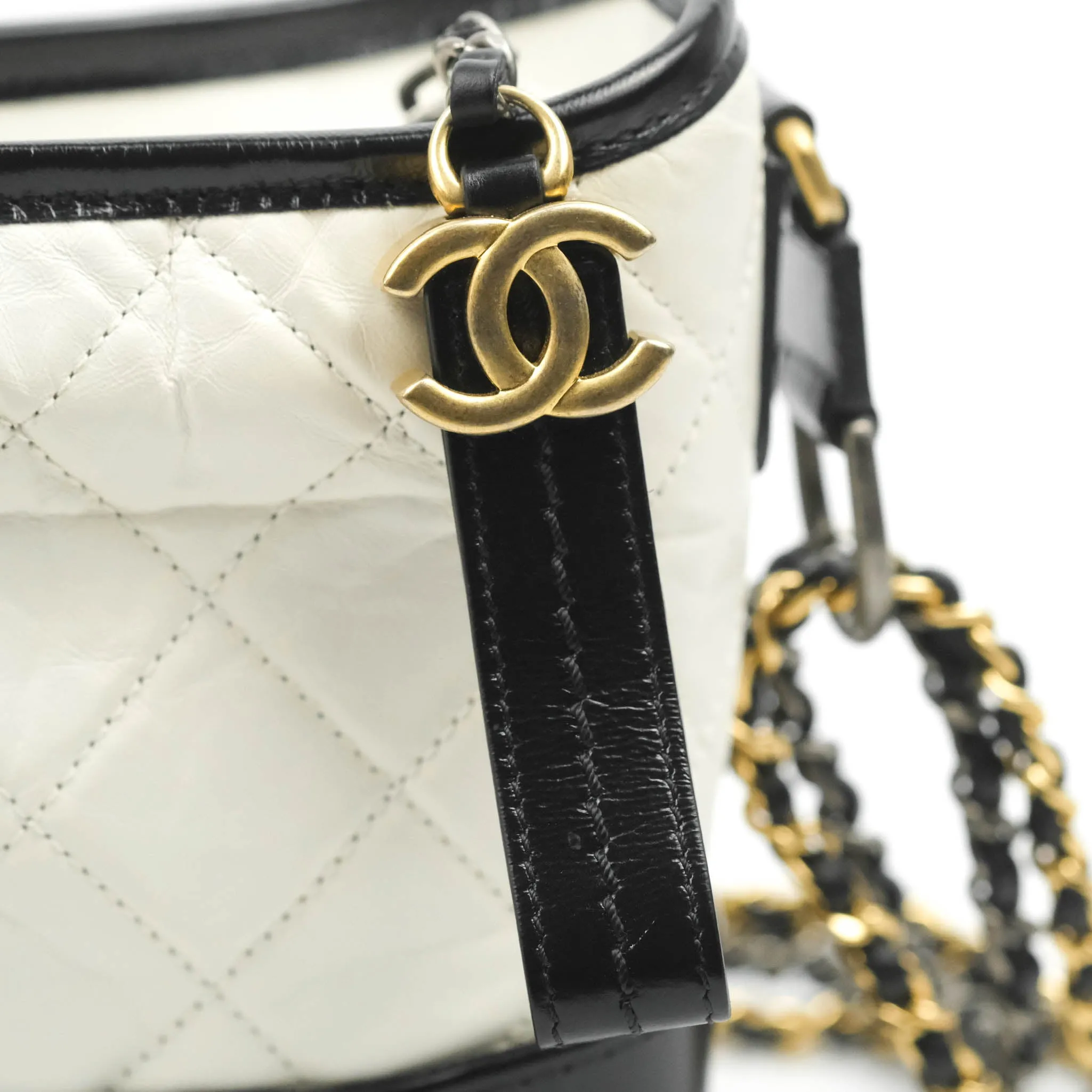 Chanel Quilted Small Gabrielle Hobo Black White Aged Calfskin