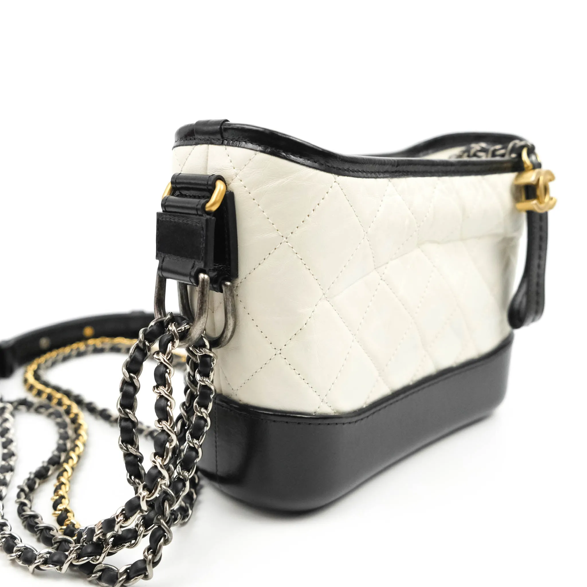 Chanel Quilted Small Gabrielle Hobo Black White Aged Calfskin