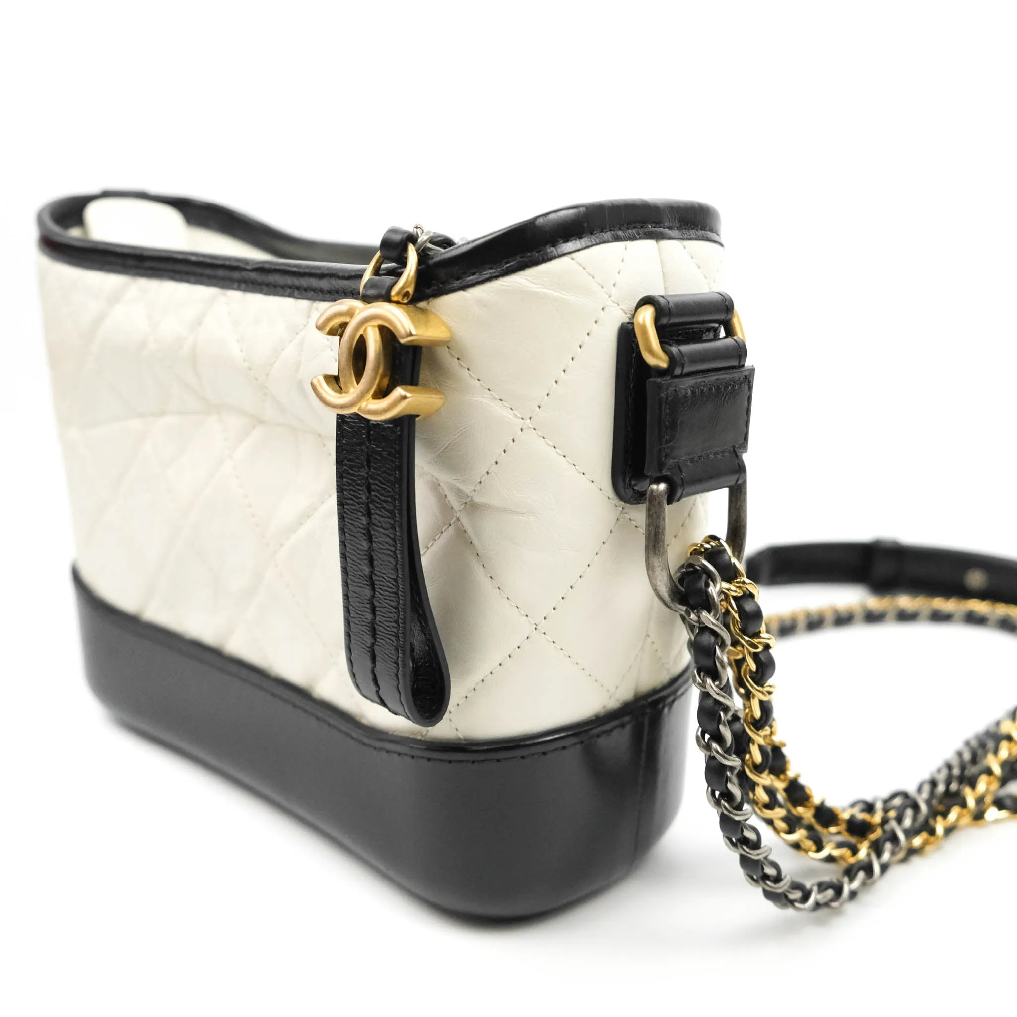 Chanel Quilted Small Gabrielle Hobo Black White Aged Calfskin