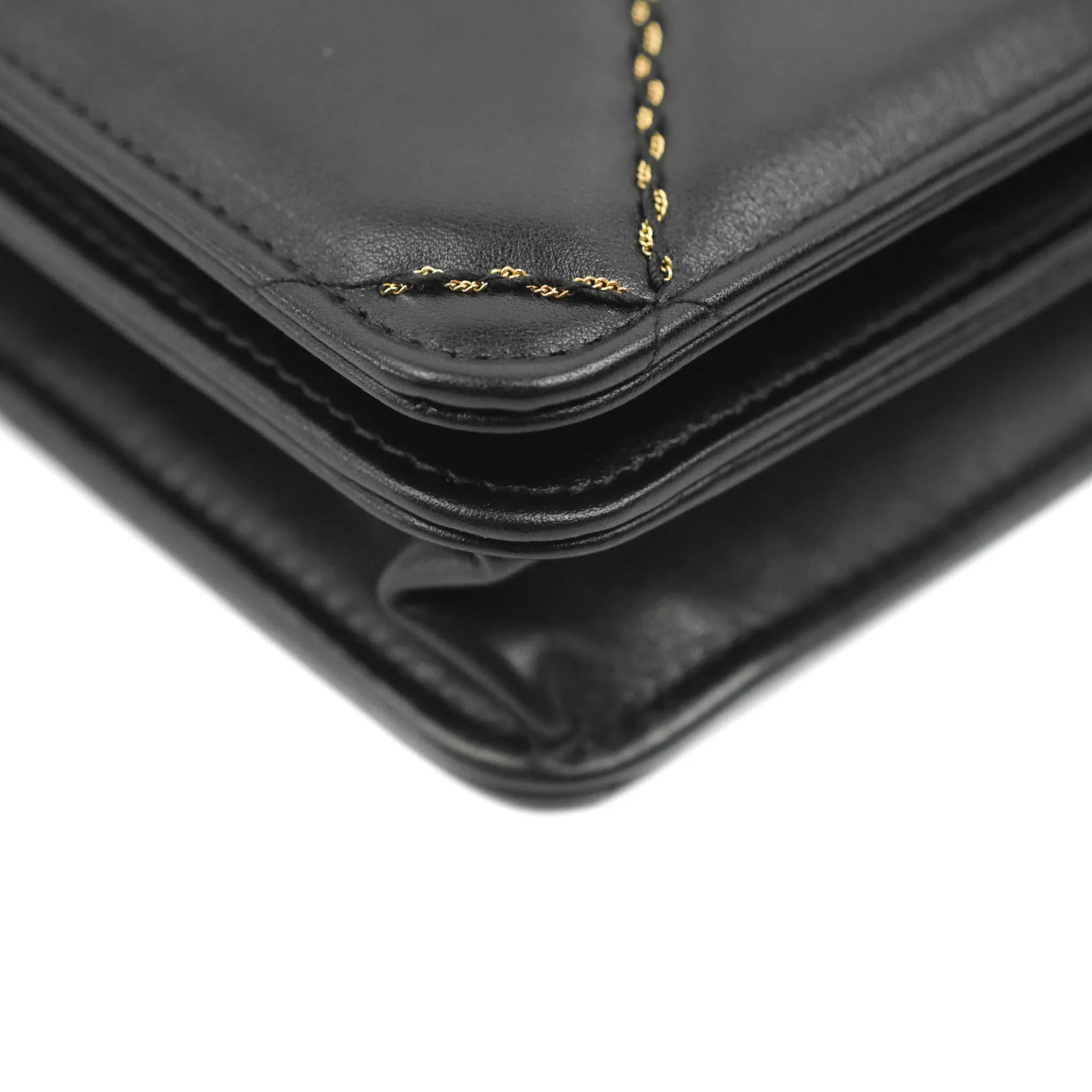 Chanel Quilted Wallet on Chain WOC Stitching Black Lambskin Gold Hardware