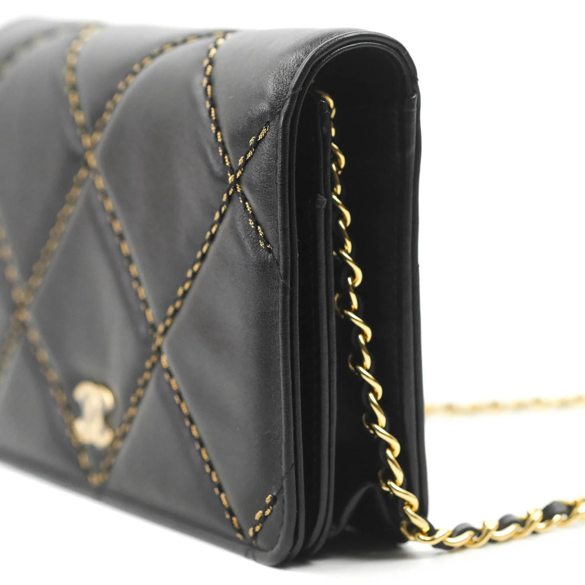 Chanel Quilted Wallet on Chain WOC Stitching Black Lambskin Gold Hardware