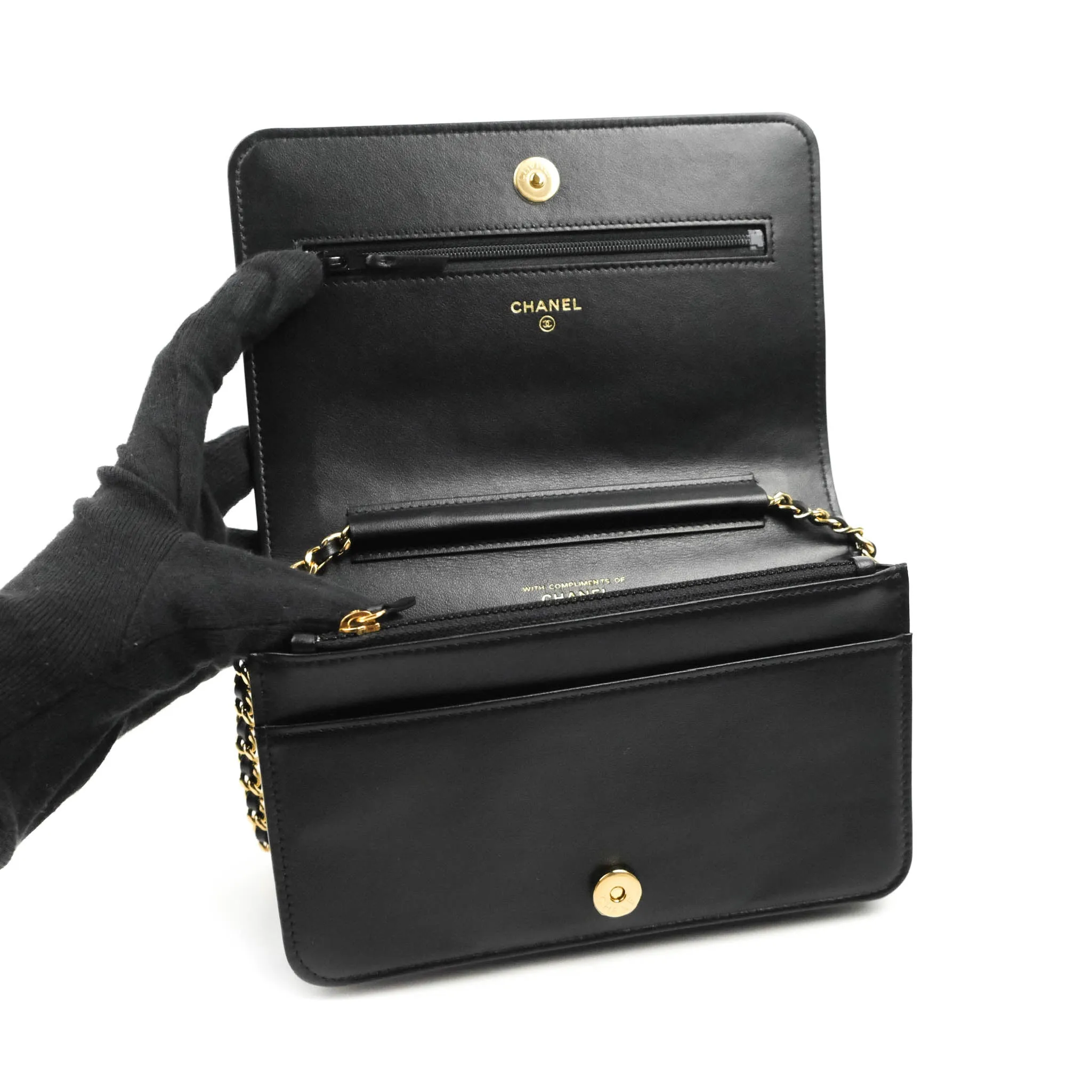 Chanel Quilted Wallet on Chain WOC Stitching Black Lambskin Gold Hardware