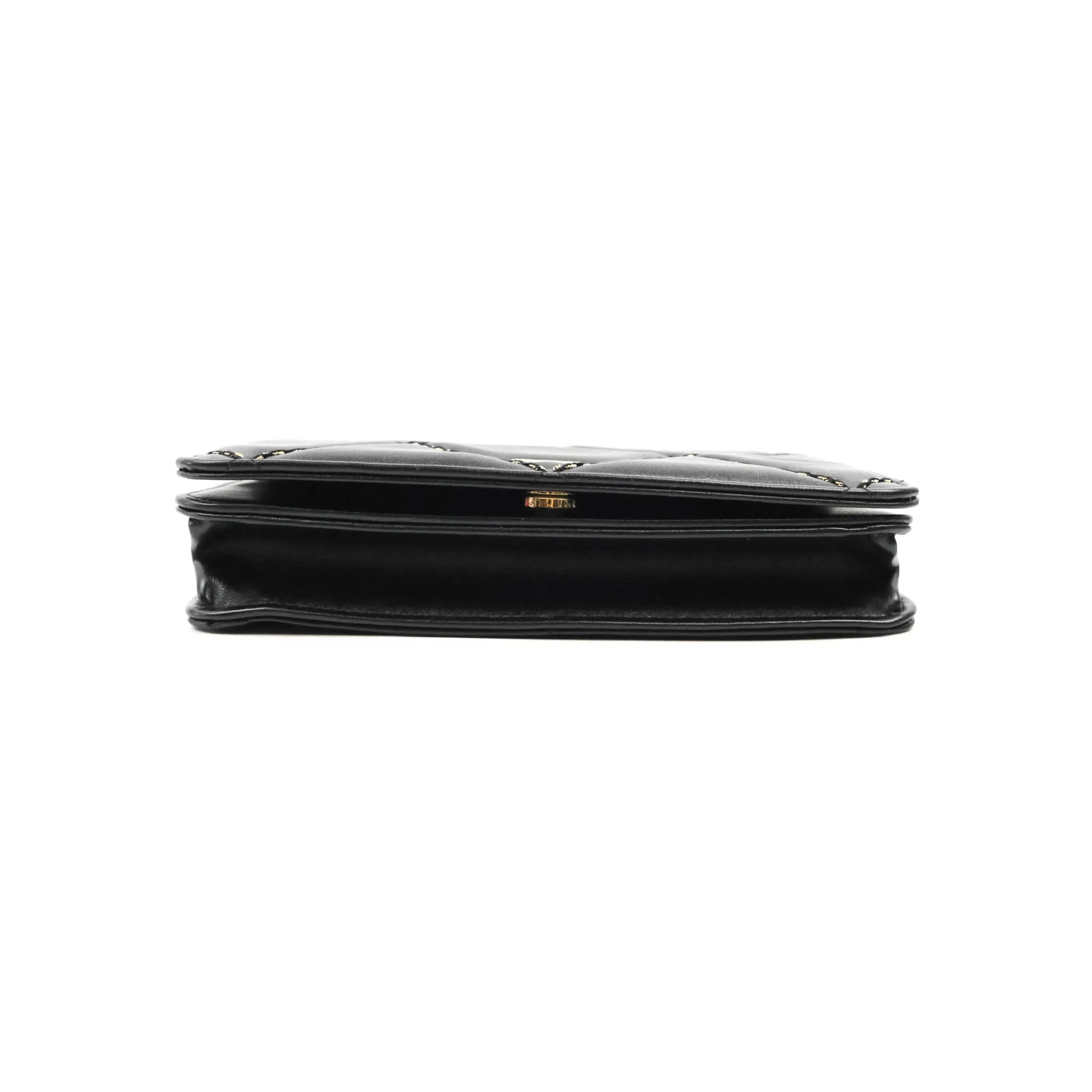 Chanel Quilted Wallet on Chain WOC Stitching Black Lambskin Gold Hardware