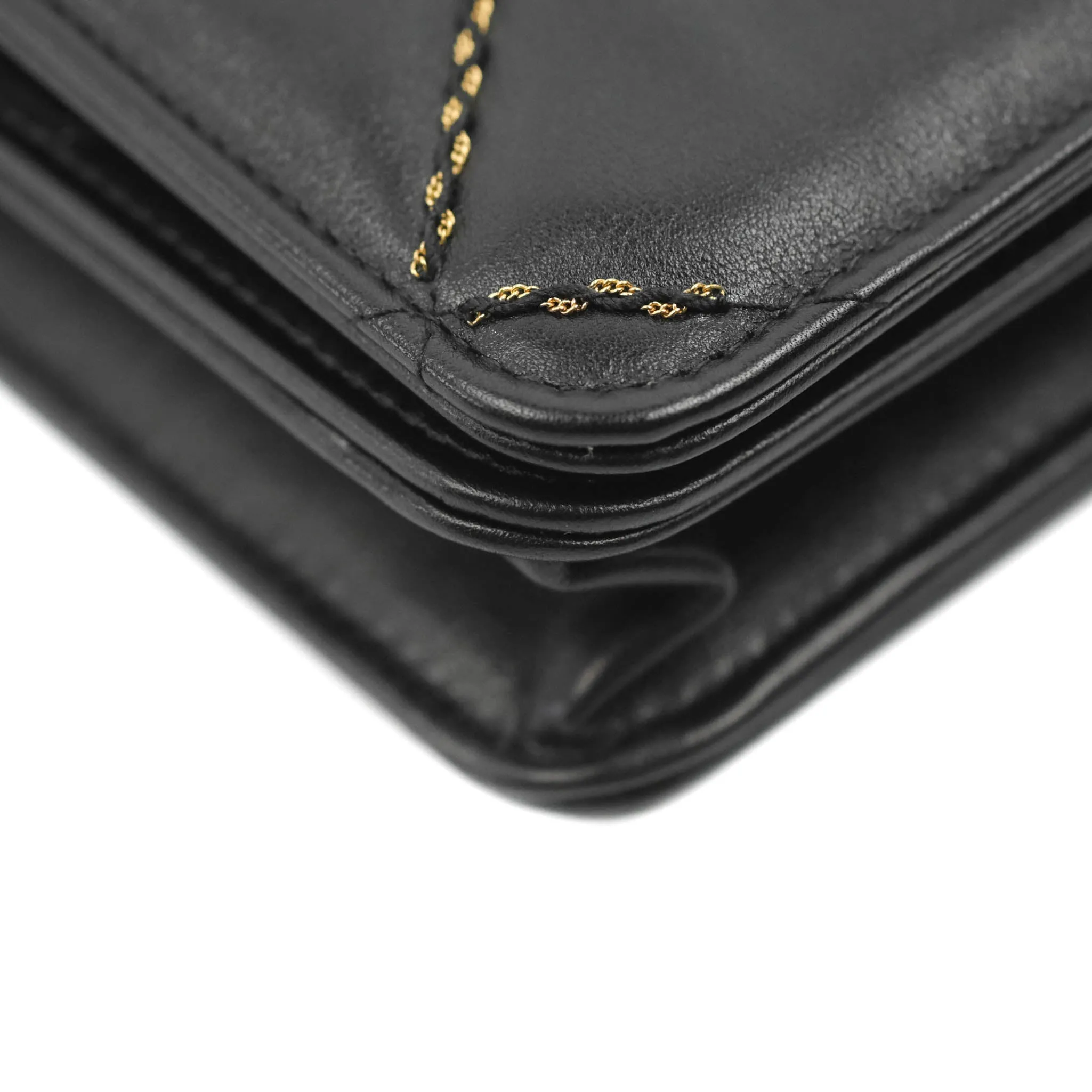 Chanel Quilted Wallet on Chain WOC Stitching Black Lambskin Gold Hardware