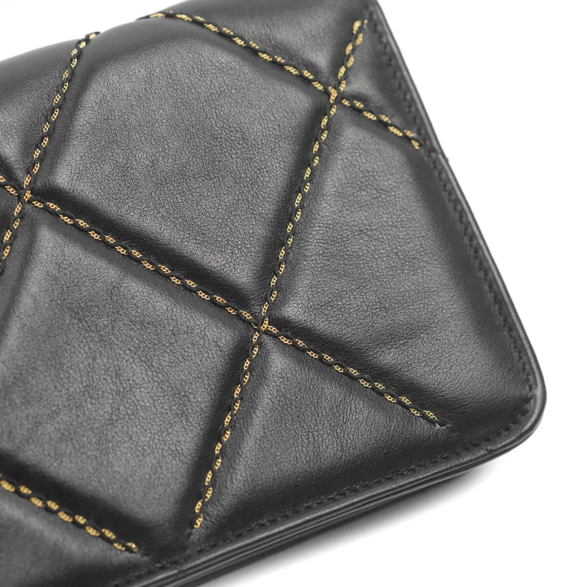 Chanel Quilted Wallet on Chain WOC Stitching Black Lambskin Gold Hardware