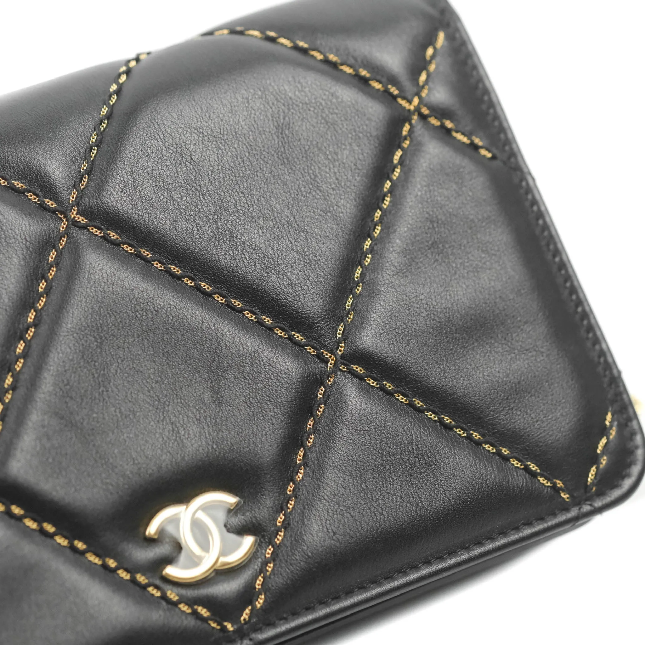 Chanel Quilted Wallet on Chain WOC Stitching Black Lambskin Gold Hardware