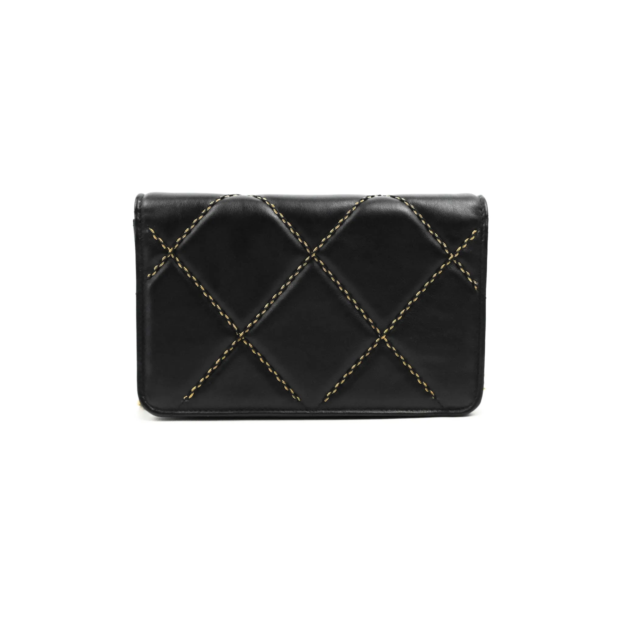 Chanel Quilted Wallet on Chain WOC Stitching Black Lambskin Gold Hardware