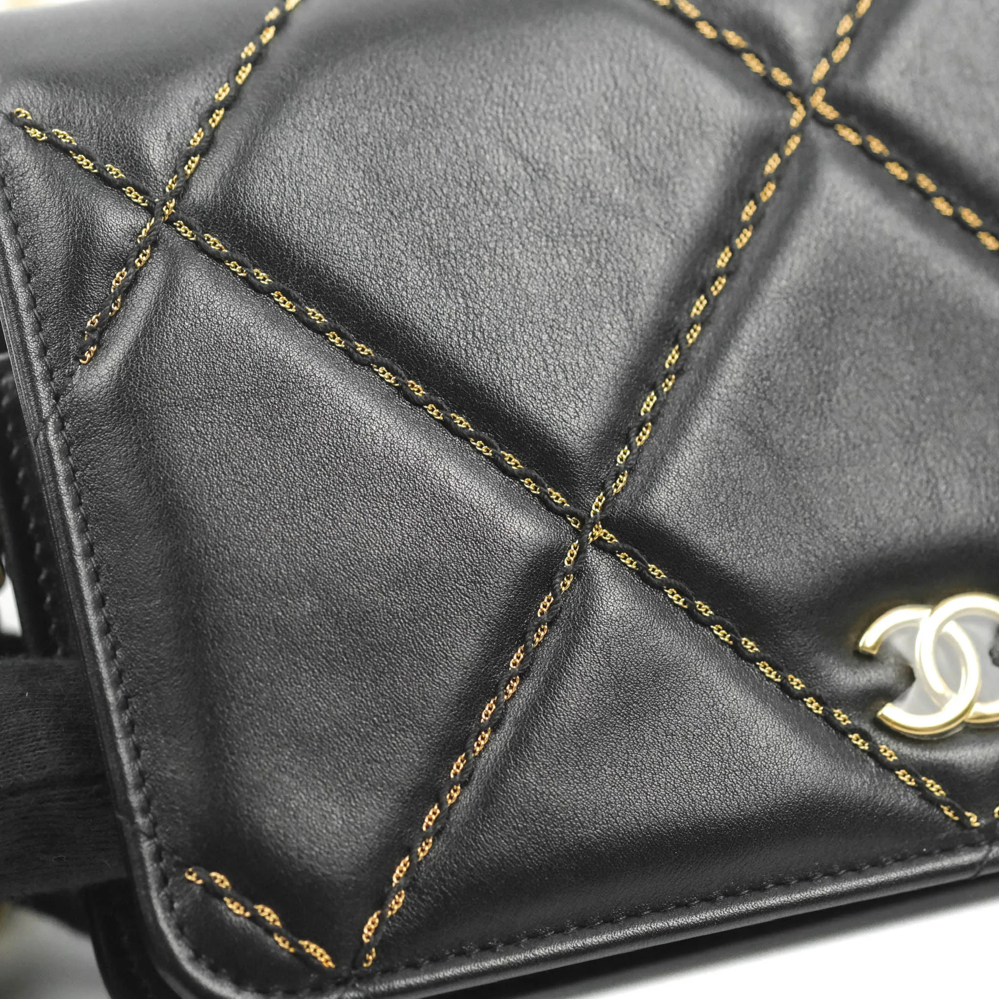 Chanel Quilted Wallet on Chain WOC Stitching Black Lambskin Gold Hardware