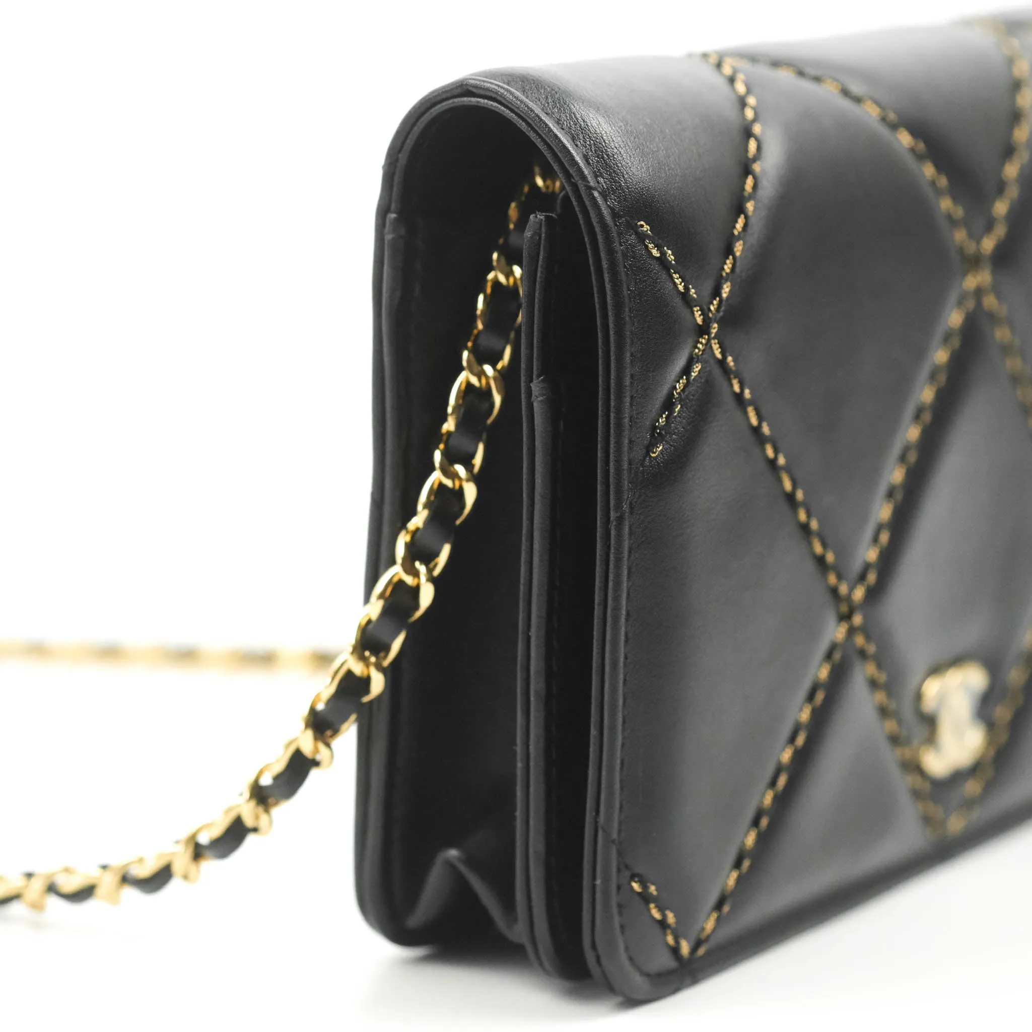 Chanel Quilted Wallet on Chain WOC Stitching Black Lambskin Gold Hardware