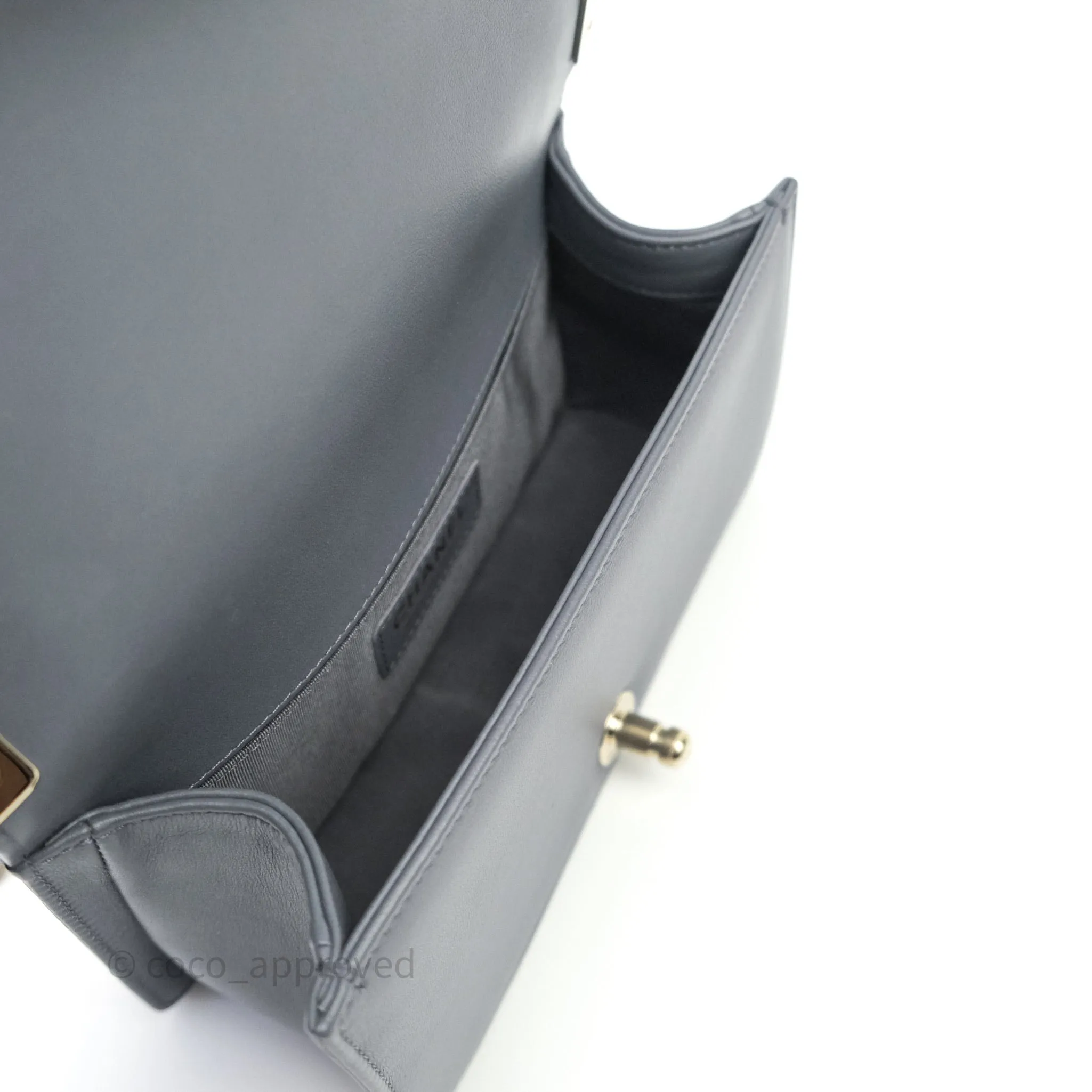 Chanel Small Boy Chevron Grey Calfskin Gold Hardware