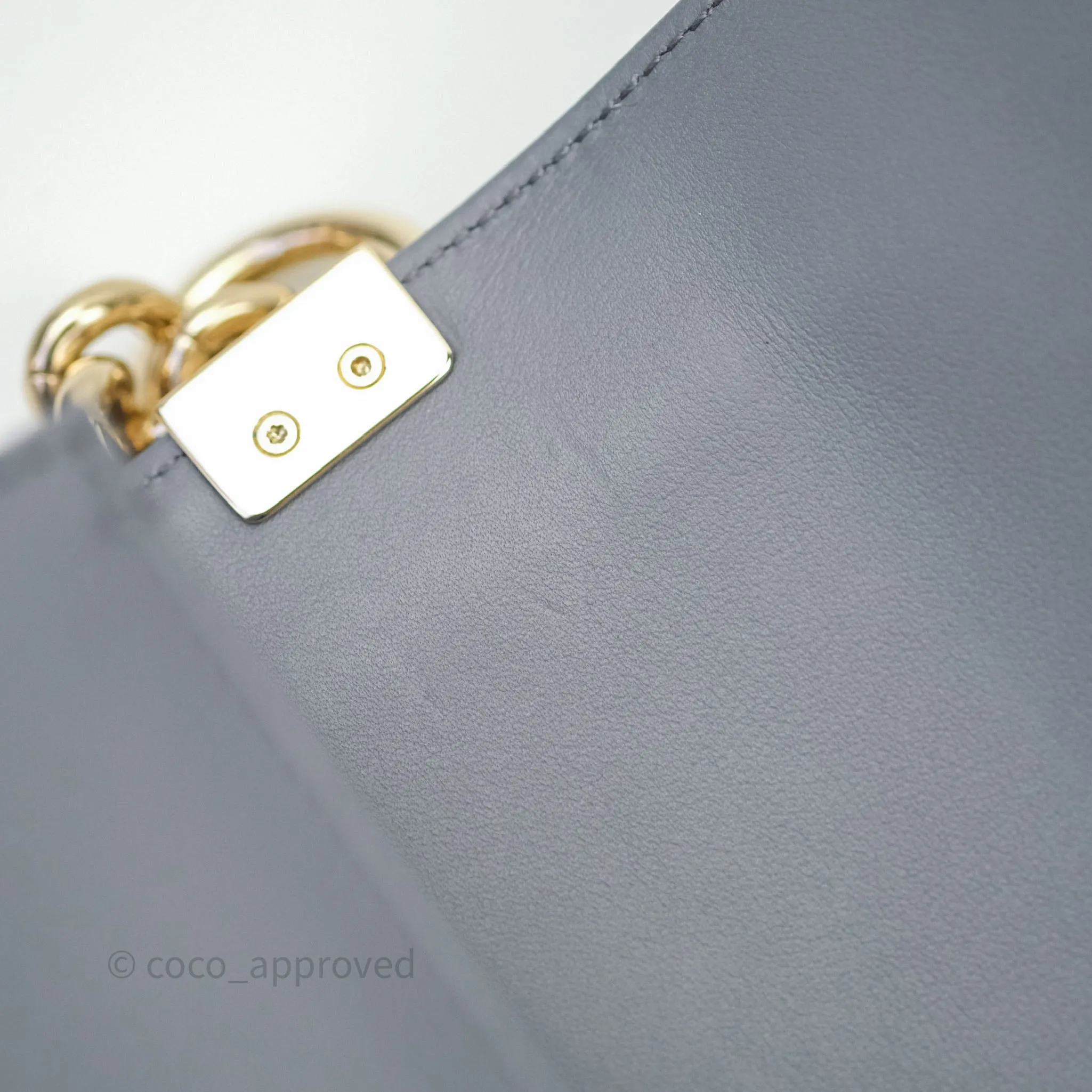 Chanel Small Boy Chevron Grey Calfskin Gold Hardware