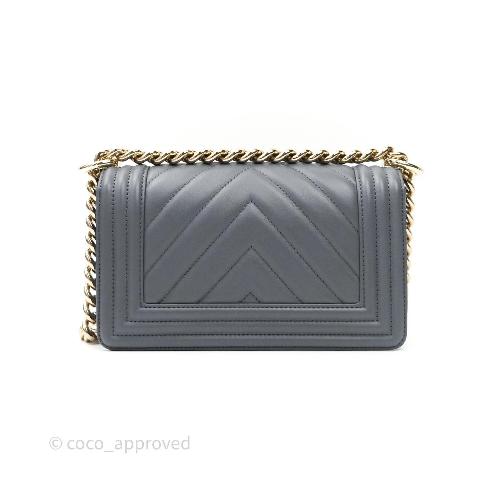 Chanel Small Boy Chevron Grey Calfskin Gold Hardware