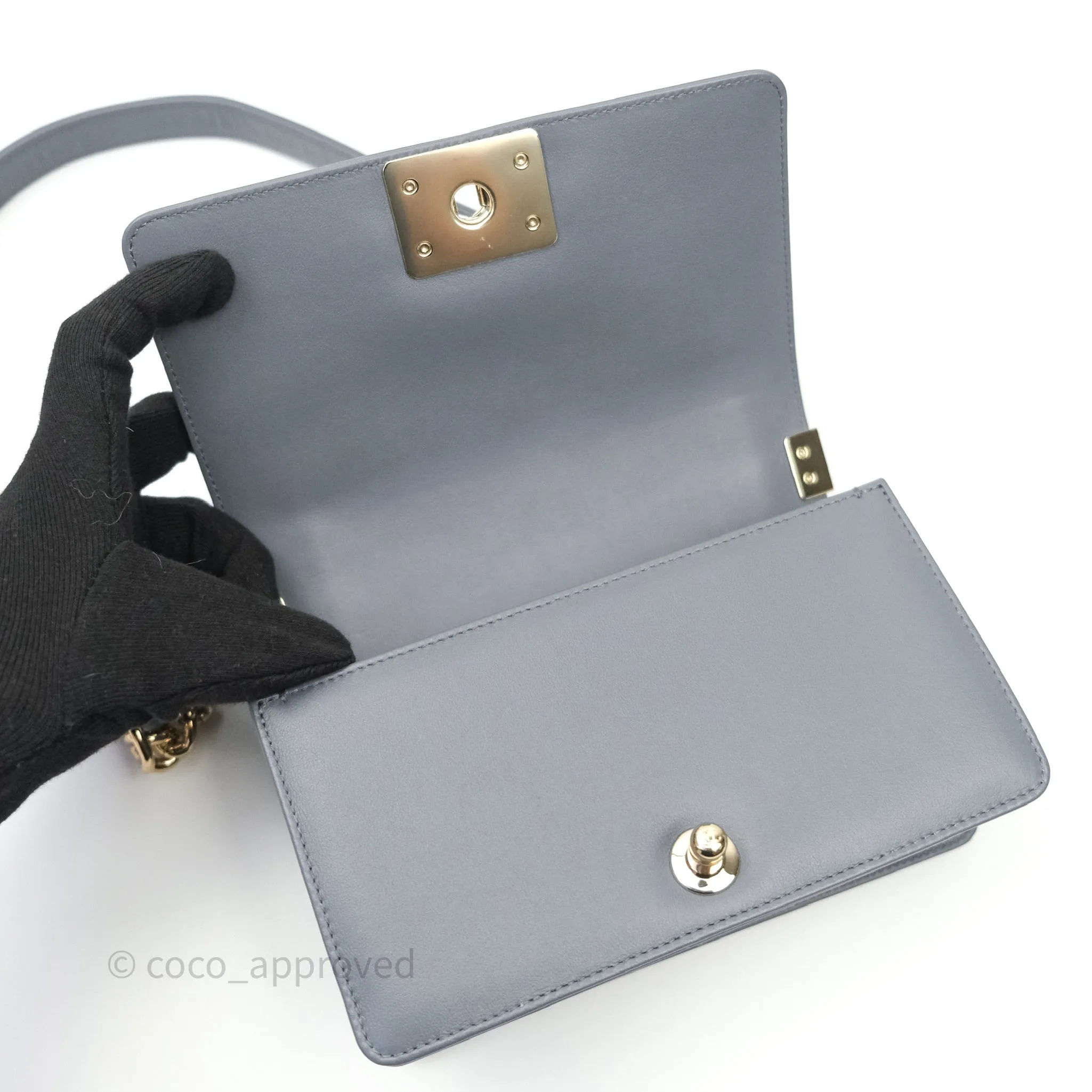 Chanel Small Boy Chevron Grey Calfskin Gold Hardware