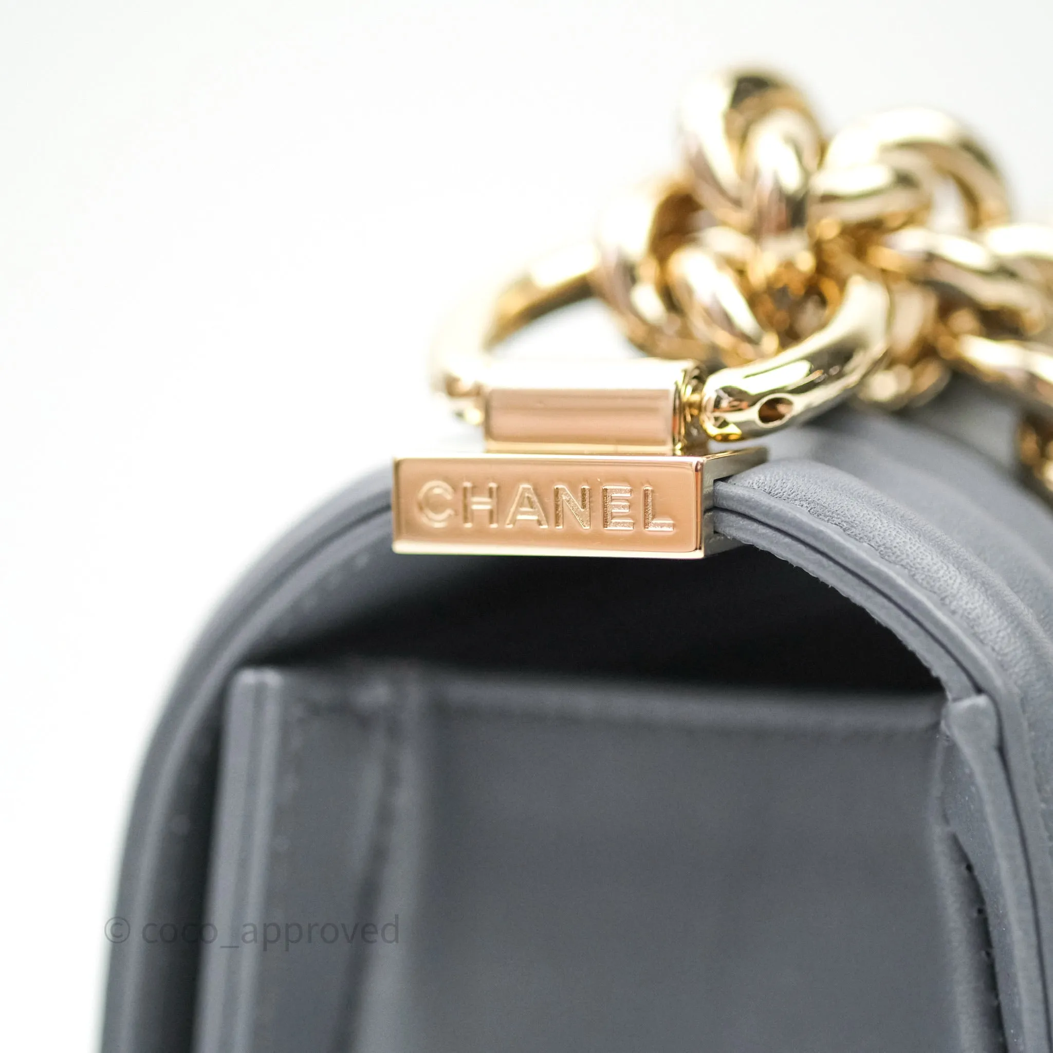 Chanel Small Boy Chevron Grey Calfskin Gold Hardware