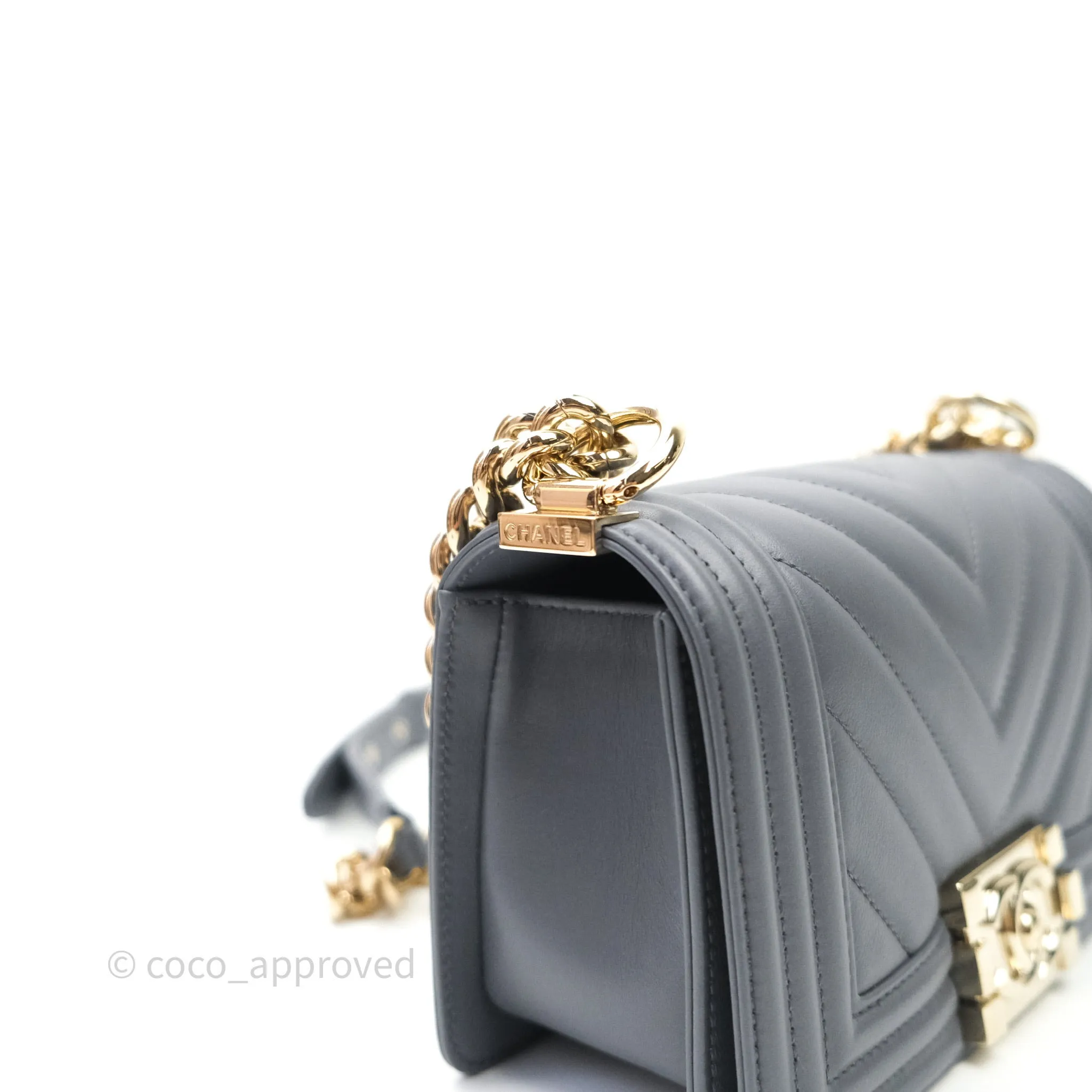 Chanel Small Boy Chevron Grey Calfskin Gold Hardware