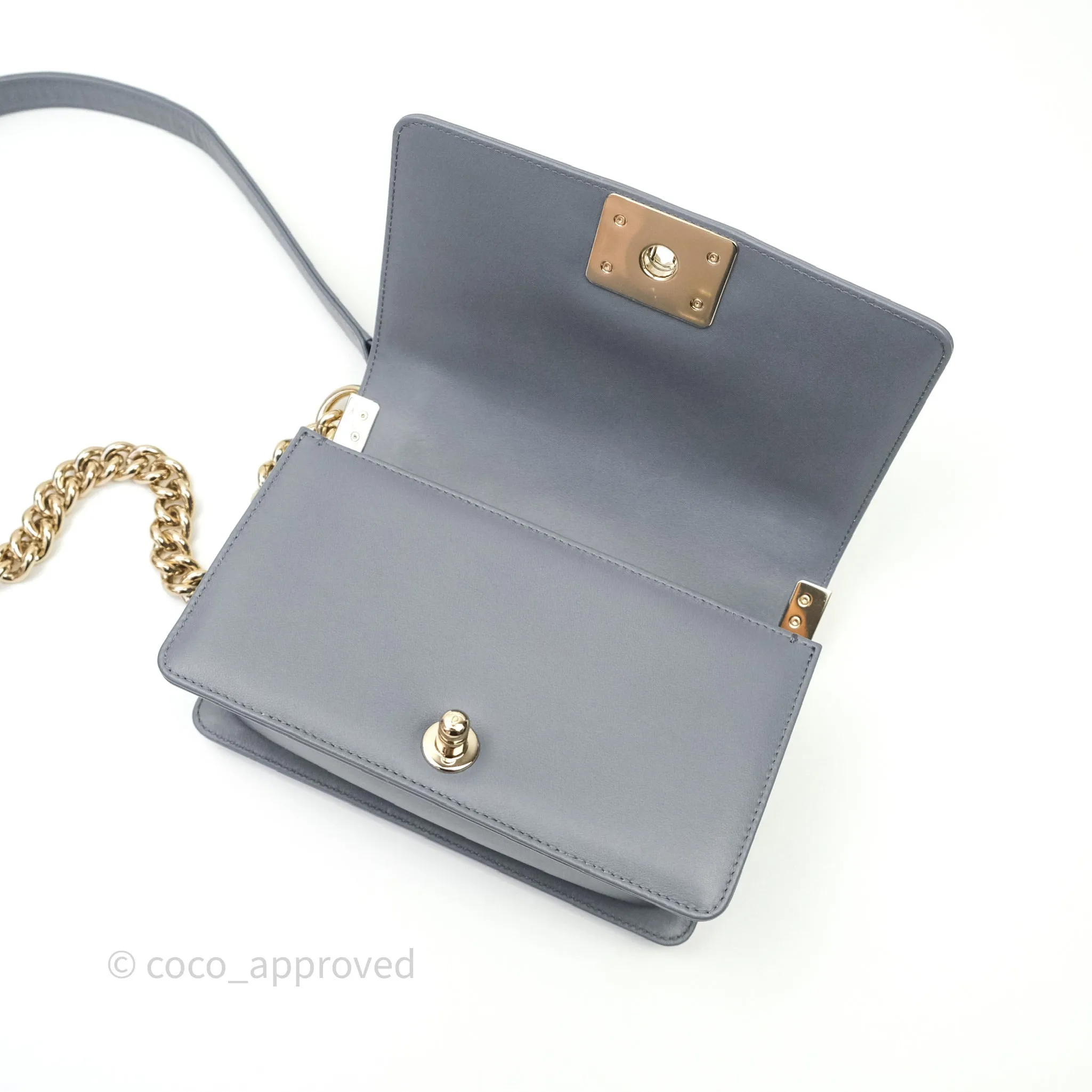 Chanel Small Boy Chevron Grey Calfskin Gold Hardware