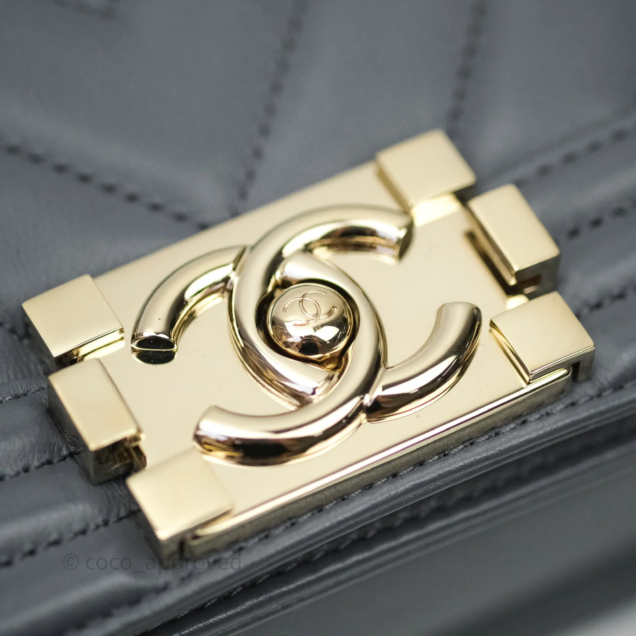 Chanel Small Boy Chevron Grey Calfskin Gold Hardware