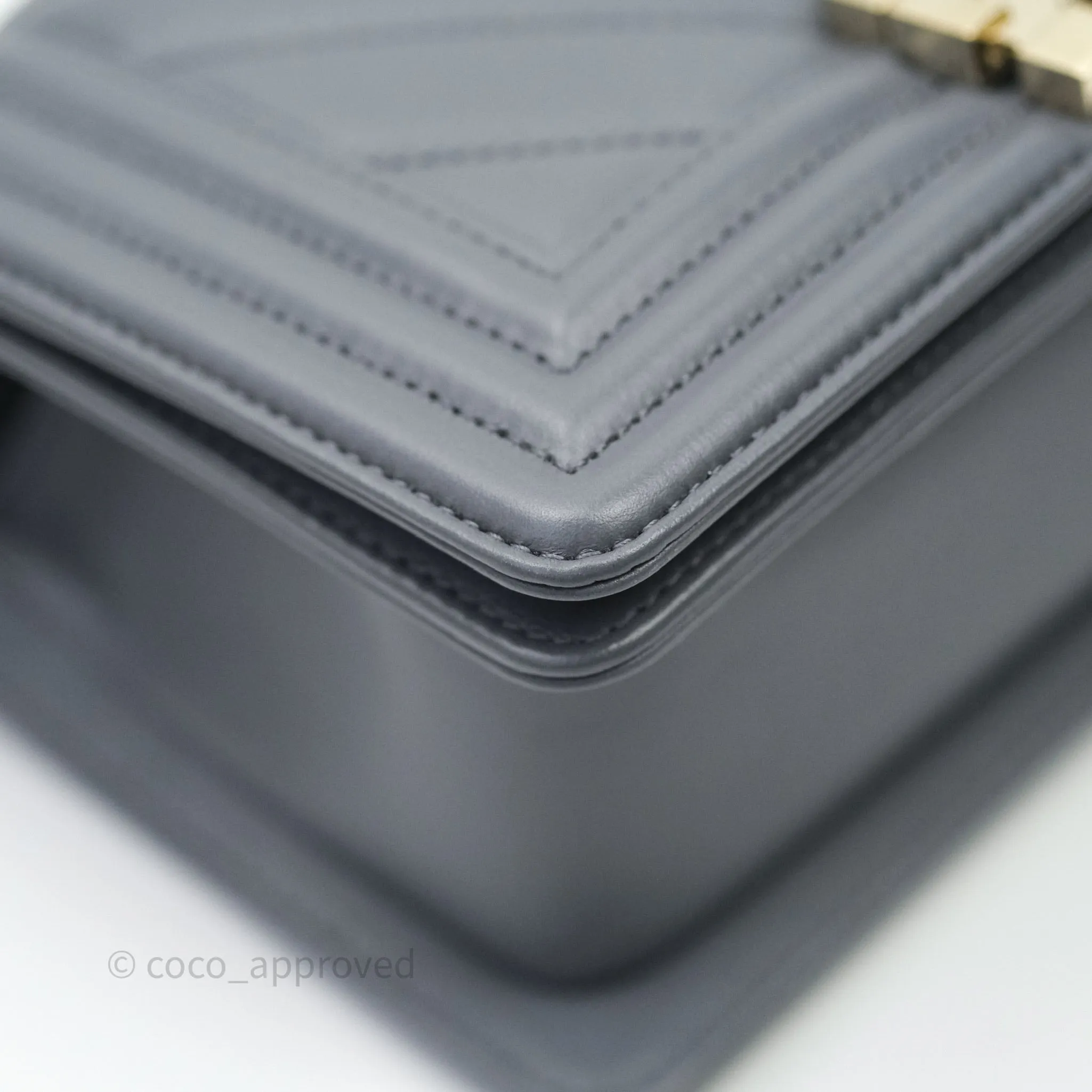 Chanel Small Boy Chevron Grey Calfskin Gold Hardware