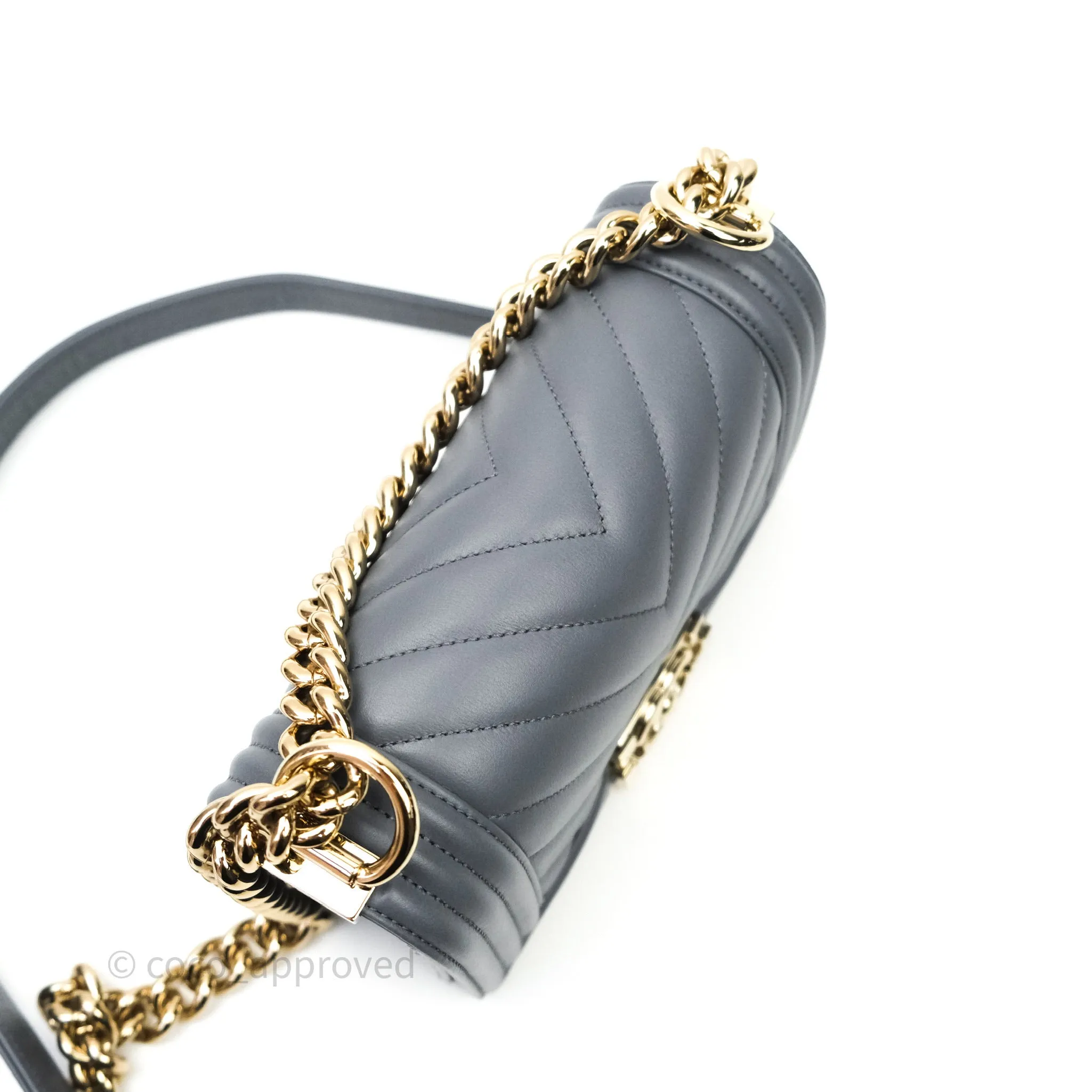 Chanel Small Boy Chevron Grey Calfskin Gold Hardware